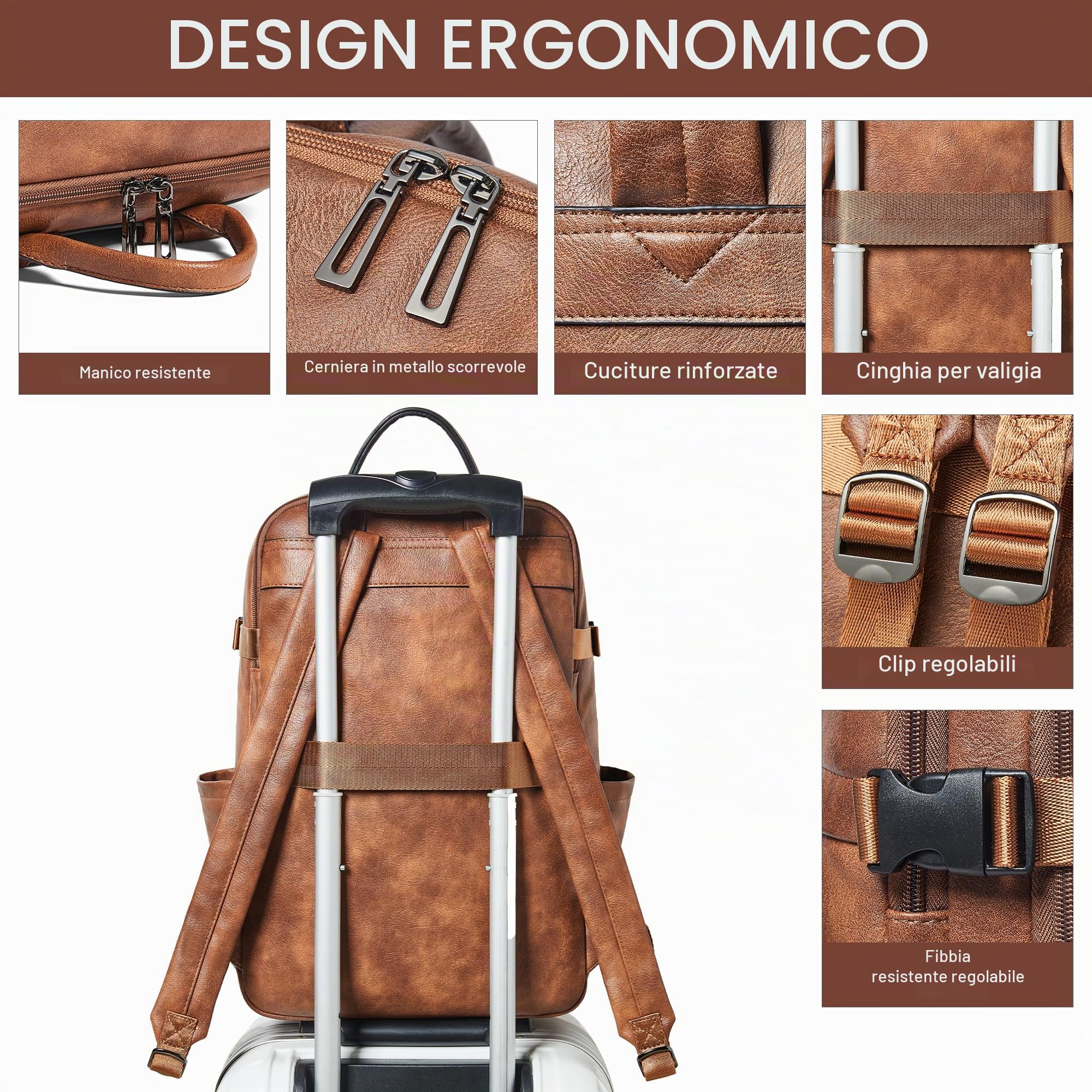 Zaino per computer portatile da 15,6 pollici, alla moda, in pelle, per viaggi, università, lavoro