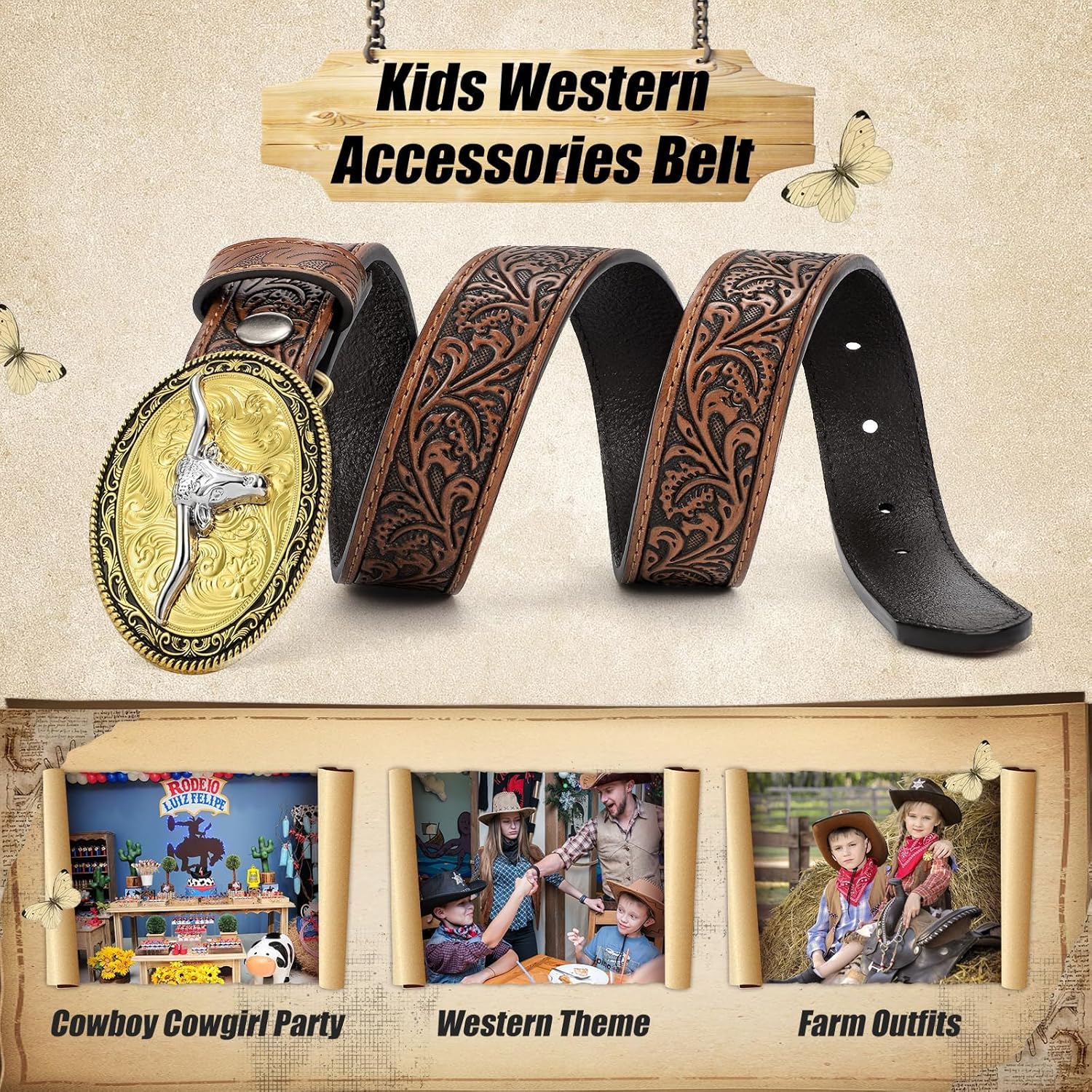 Kids Western Belt for Boys Girls, Embossed Genuine Leather Cowboy Cowgirl Belt for Jeans Pant Dresses Gift - Image 4