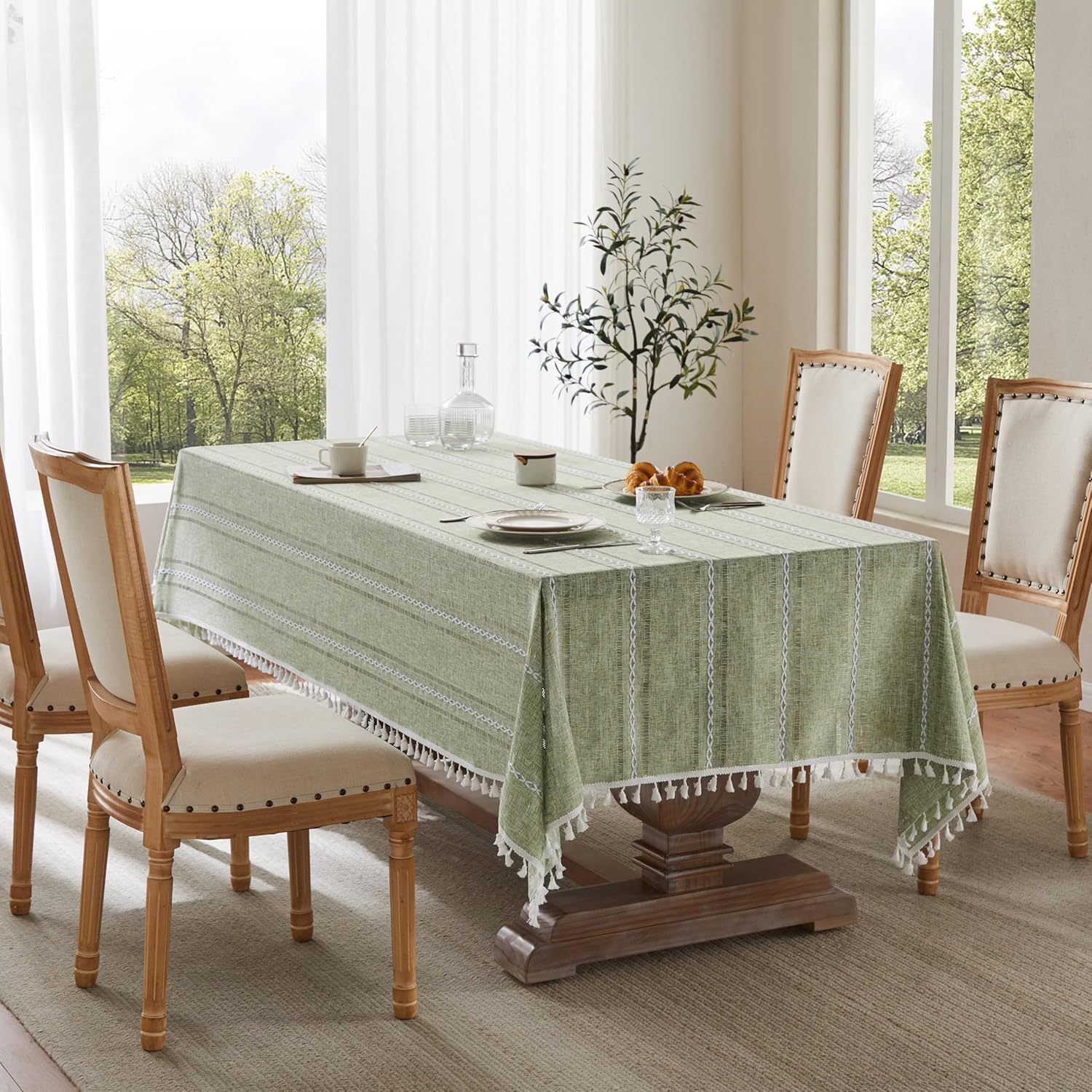 ZeeMart Hemstitched Embroidery Striped Boho Tablecloth 60x120 Inch Light Green, Heavy Weight Farmhouse Burlap Linen Sage Tablecloth, Wrinkle Resistant Washable Table Cloth for Rectangle Table
