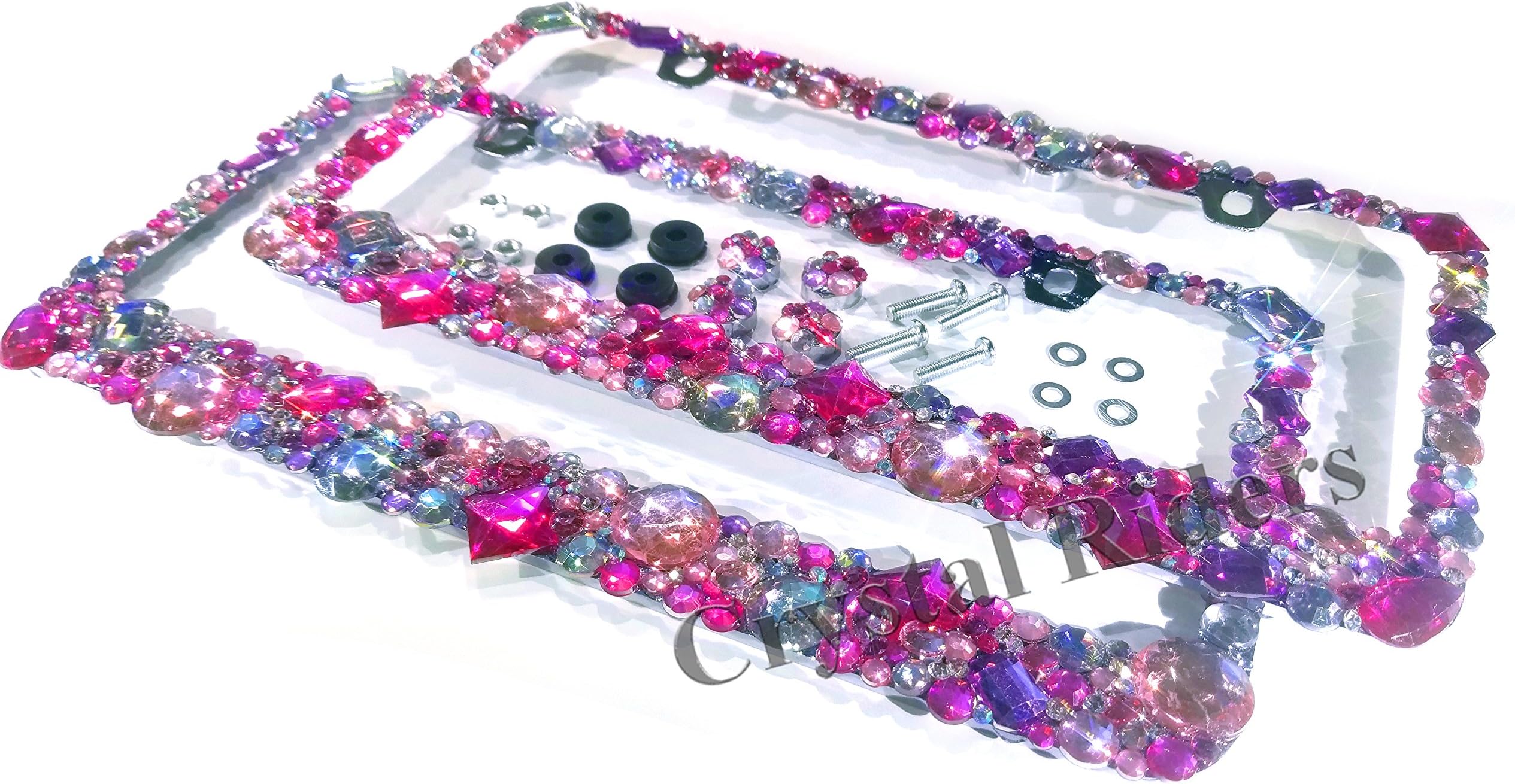 CRYSTAL RIDERS Pair of 2 Bling License Plate Frame with Anti-Theft Screw CAPS Pink Crystals Ab Iridescent Clear Metal Chrome Zink Alloy Holder Sparkly Sparkle Custom Hand Made Hand Crafted 2 Set