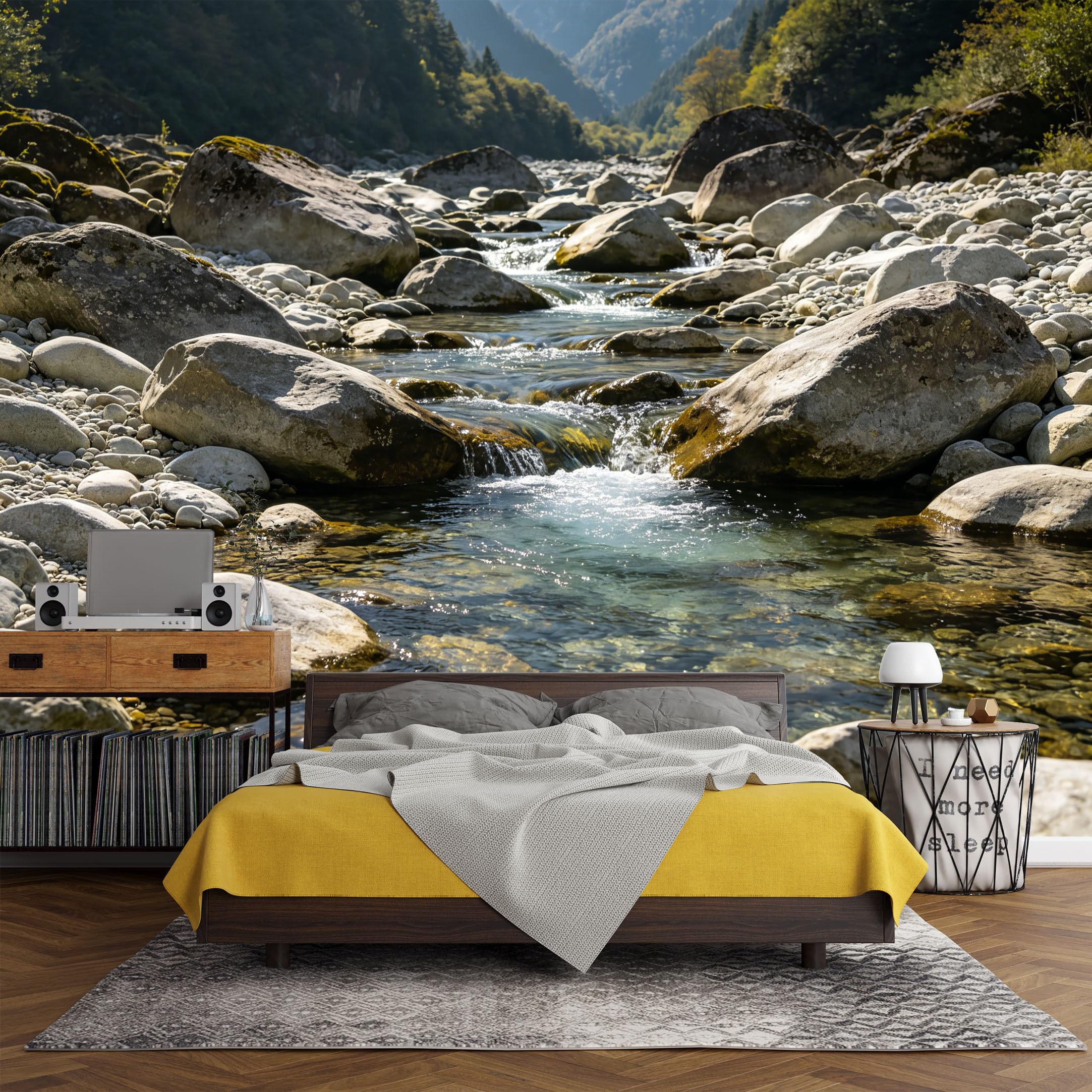 Custom Size Wall Mural， Mountain River Stream Pebble Landscape Nature Scenery，SelfAdhesive Art Prints wall Fabric (No PVC) Removable Wallpaper Living Room Decor