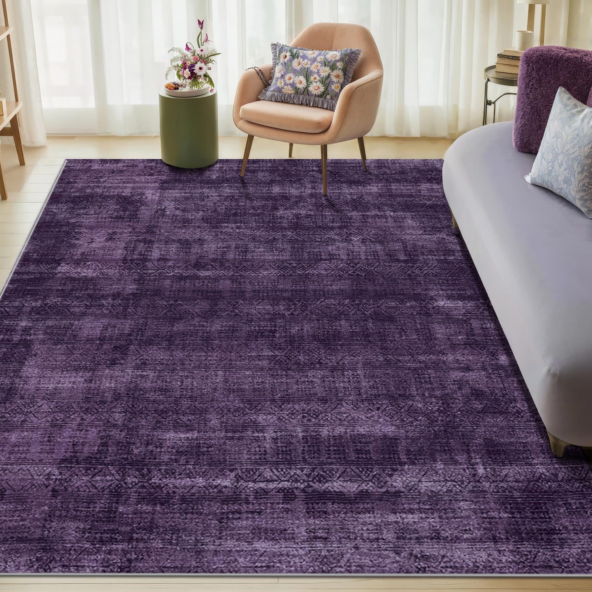 Kokia Abstract Area Rugs Washable Indoor 6x9 Rug Boho Distressed Retro Low Pile Non-Slip Non-Shedding Carpet Bedroom Living Room Dining Room, Purple Rug, Oslo Dusty