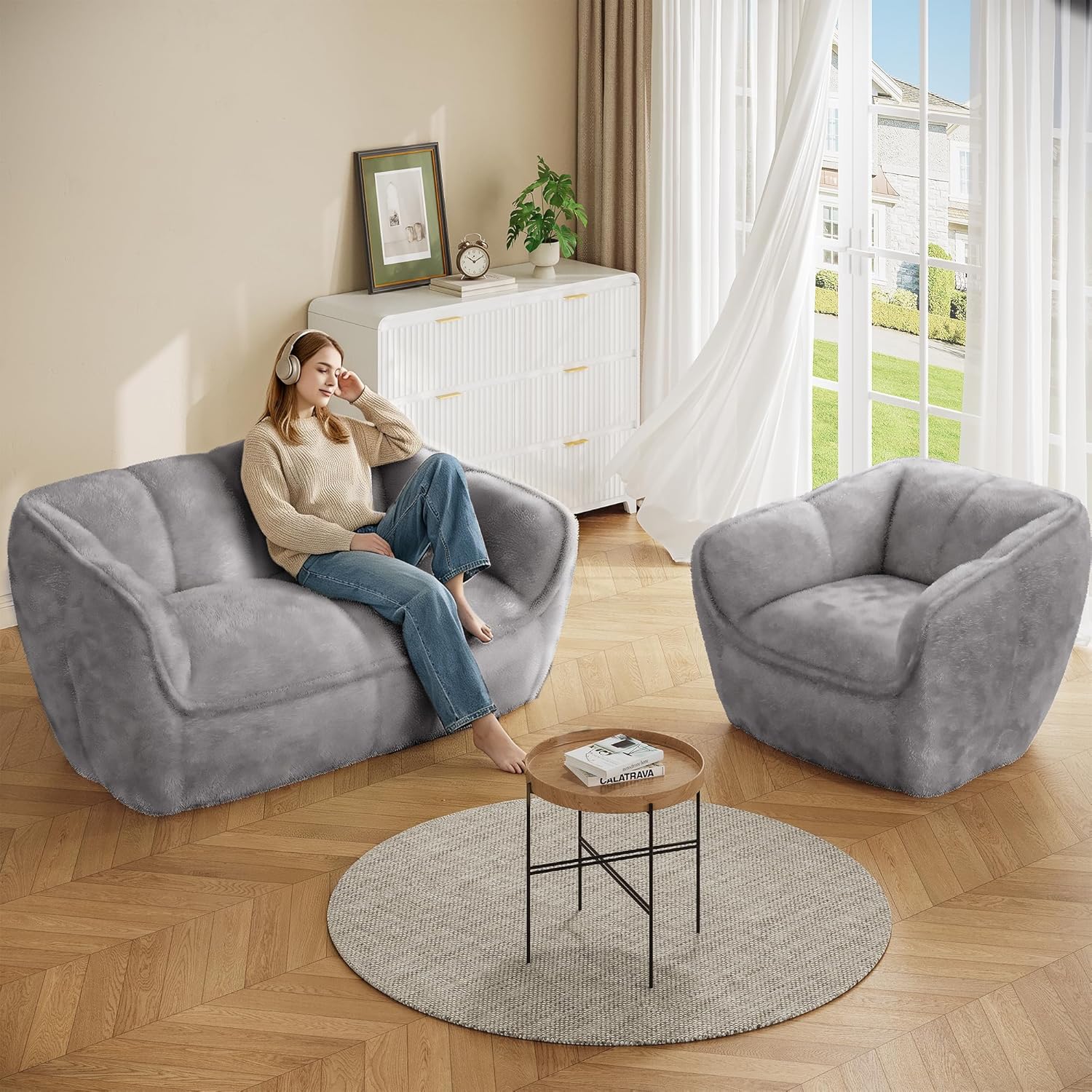 Bean Bag Chair,BeanBag Chairs for Adults,Oversized Bean Bag Couch,Grey Bean Bag,Stuffed Floor Sofa for Bedroom Dorm Reading,Stuffed Floor Chair for Living Room, Bedroom, Apartment,Grey