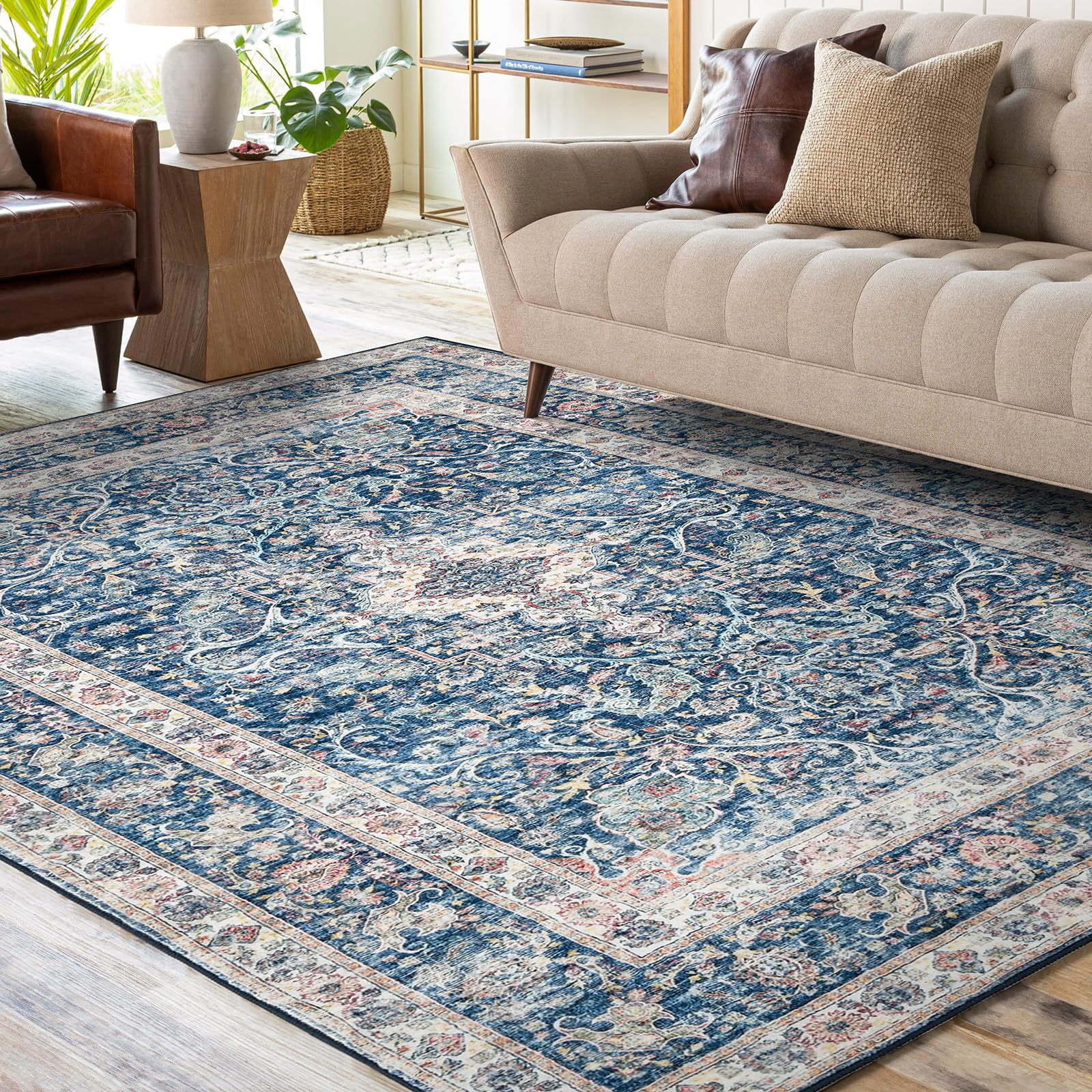 Fondream Rugs Living Room Large 160x230 cm Boho Vintage Area Rug Traditional Oriental Carpet Machine Washable Rugs Anti Slip Low Pile Rug Home Decor Office Carpet, Blue