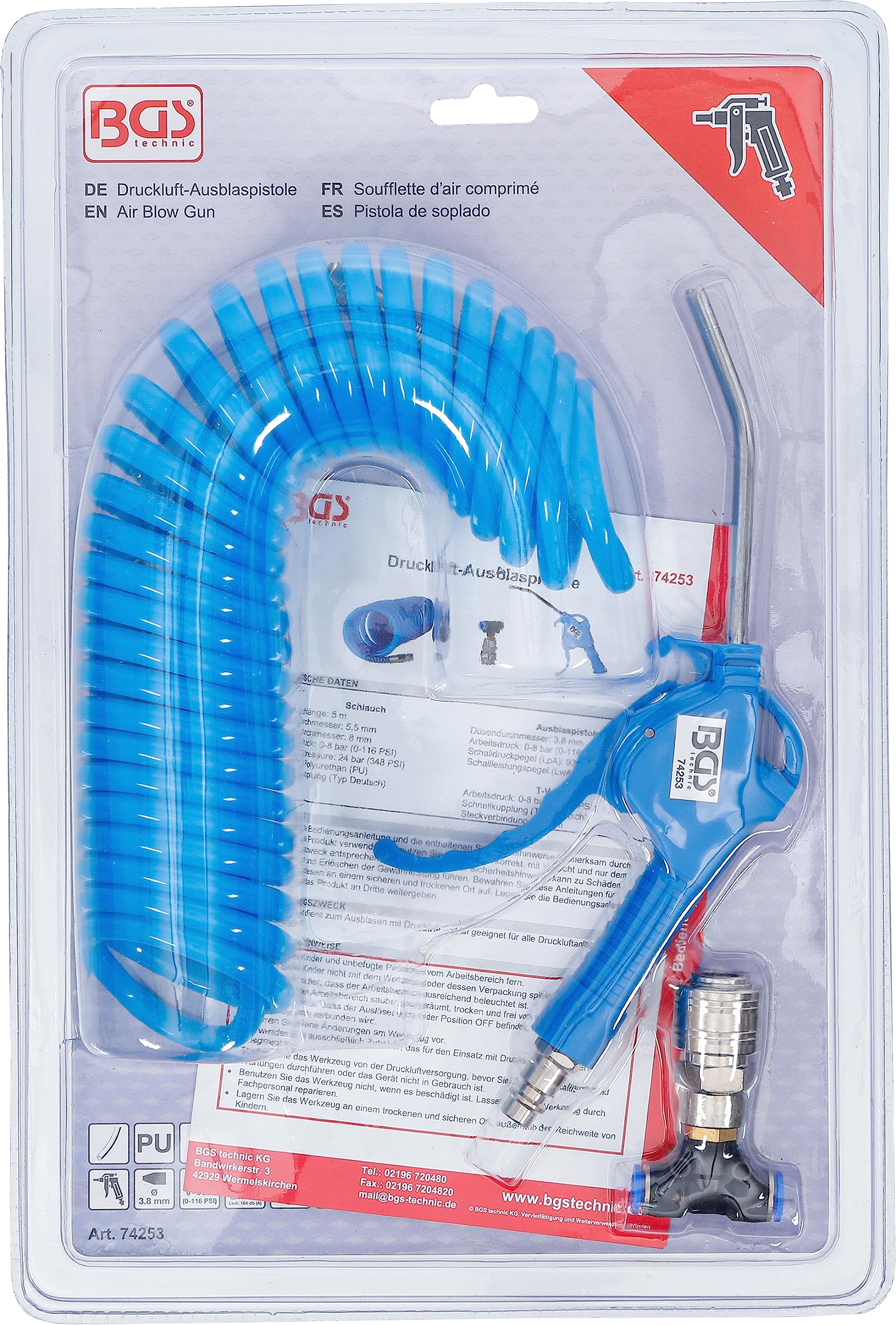 BGS 74253 | Pistola de soplado | con manguera de aire comprimido en espiral y conector en T