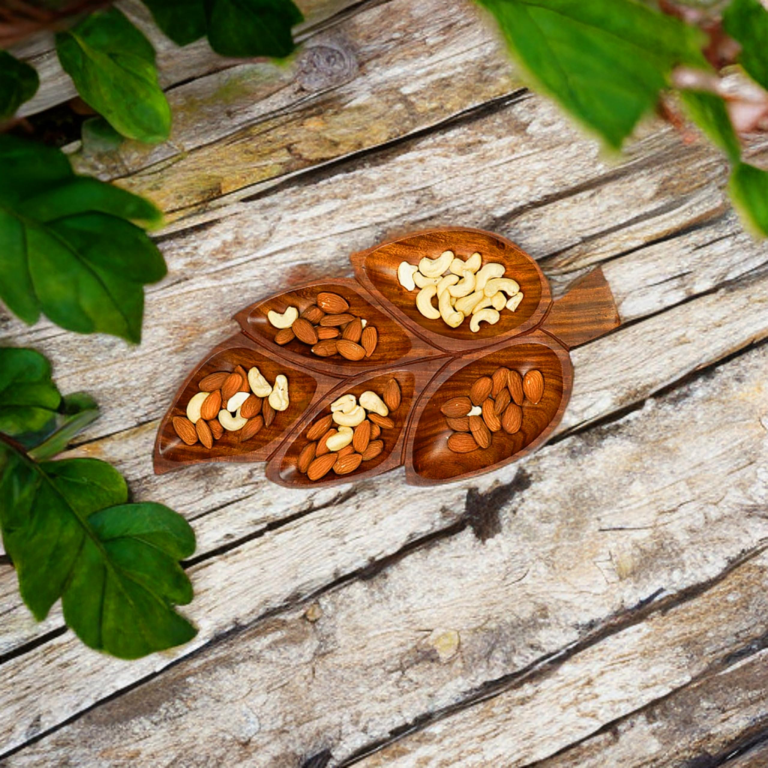 BTC Wooden Snack Serving Tray with 5 Compartments | Dry Fruit, Namkeen & Snacks Serving Plate | Handcrafted Wooden Platter (30 x 15 cm) (Leaf)