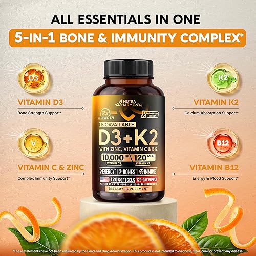 Miniatura 4 de Vitamin D3 K2 - Vitamin D3 10000 iu & K2 120 mcg - Immune & Mood Support, for Bone & Teeth Health - with Zinc, Vitamin C & B12 - Highly Bioavailable