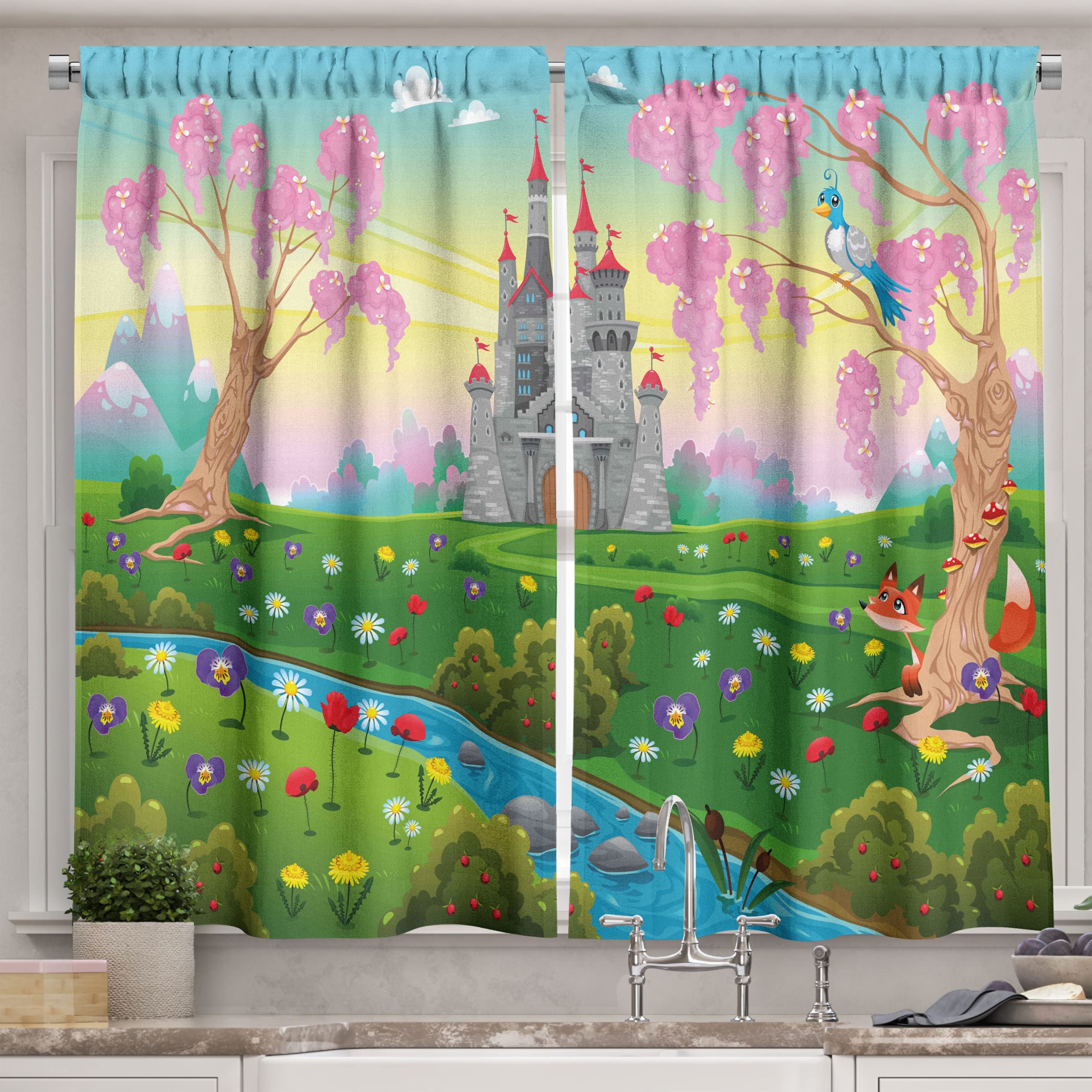 Ambesonne Cartoon Long Kitchen Curtains, Tale Castle Scenery in Floral Garden Girls Fantasy Picture, Two Panels Drapes with Rod Pocket Room Decor, 55