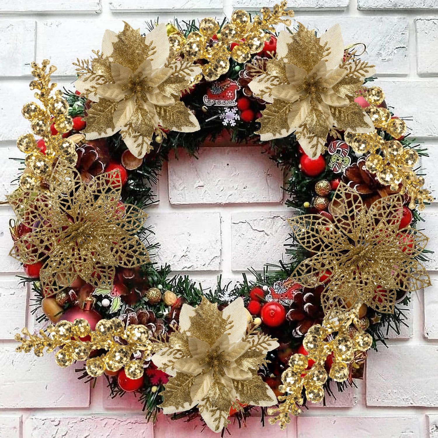 24Pcs Christmas Poinsettia Artificial Flowers and Glitter Berries Kit, 2 Styles Total 16Pcs Christmas Tree Flowers Ornaments, 8Pcs Christmas Tree Picks for Wedding Holiday Decorations, Gold