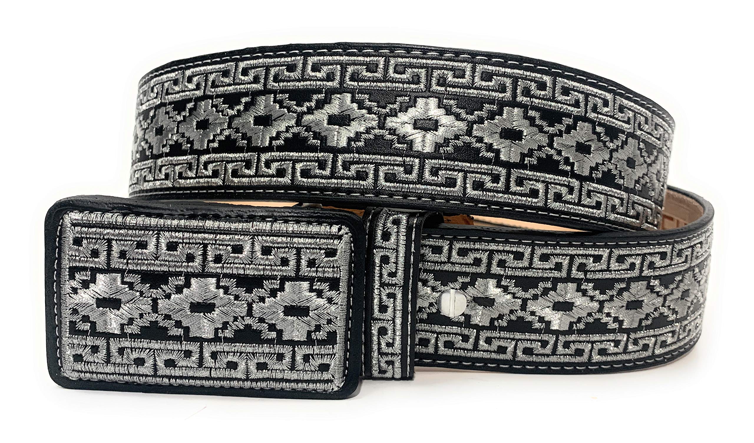 Men's Western Silver Embroidered Cowboy Rodeo Belt, Cinto Charro Bordado Cinto Vaquero Plateado (34, Black)