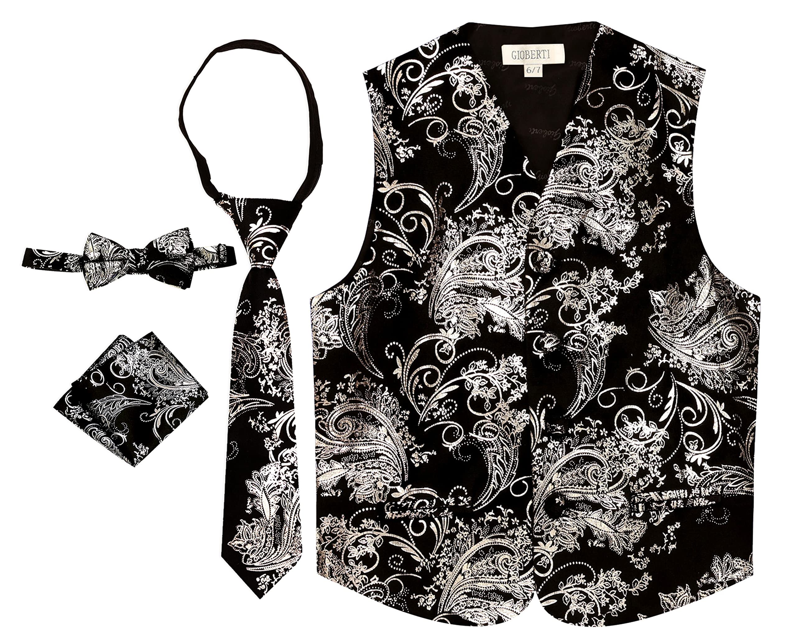 Gioberti Kids and Boys 4pc Paisley Vest Set - Vest, Bowtie, Tie, Pocket Square