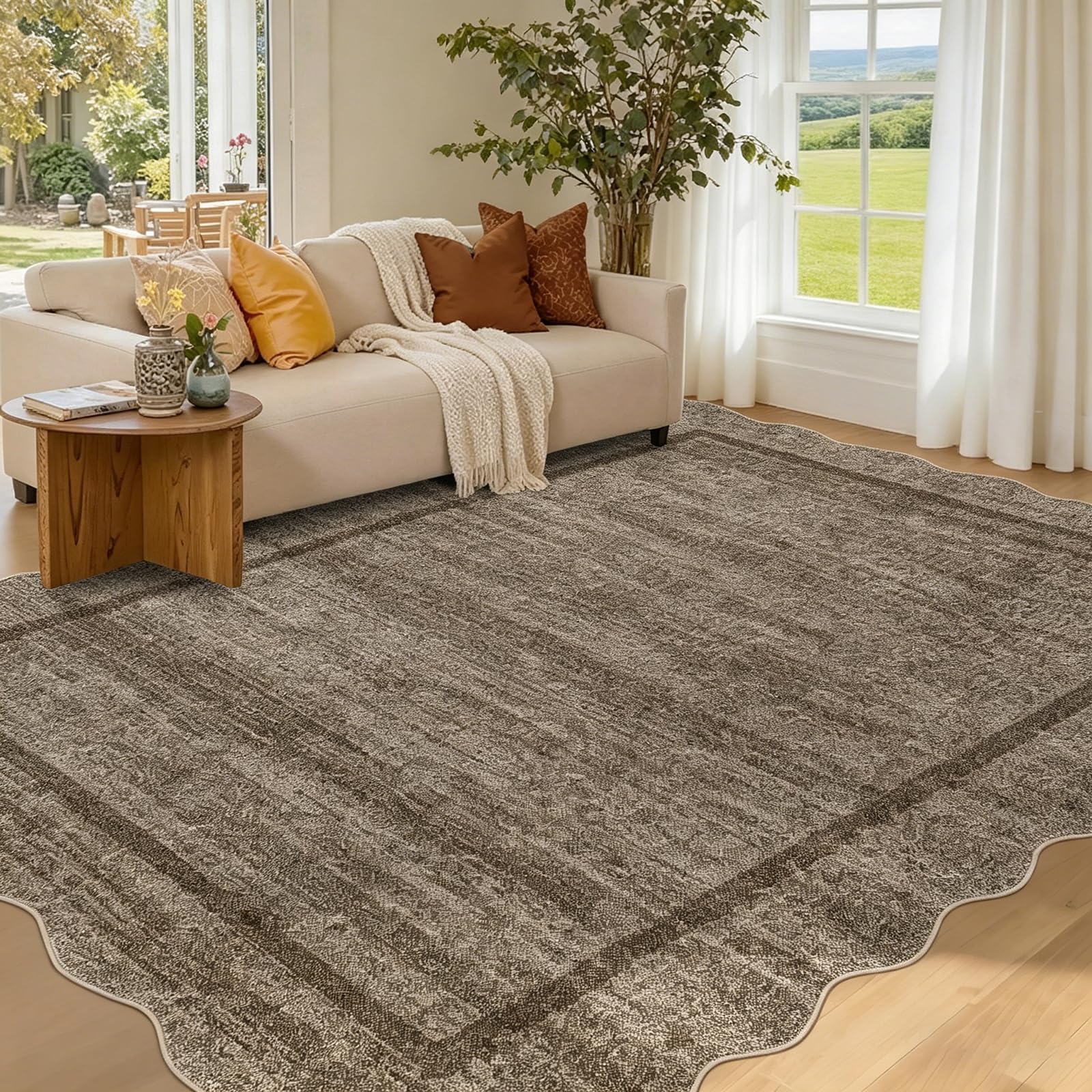 120x170cm Modern Scalloped Area Rugs Living Room, Washable Solid-Colour Rug Non Slip, Low Pile Indoor Carpet, Foldable Floor Mat for Nursery Dining Room Office, Dark Brown โ image 1