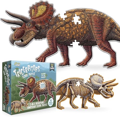 Triceratops - Rompecabezas de dinosaurio con esqueleto que brilla en la oscuridad, rompecabezas de piso de doble cara de 4 pies, juguete educativo