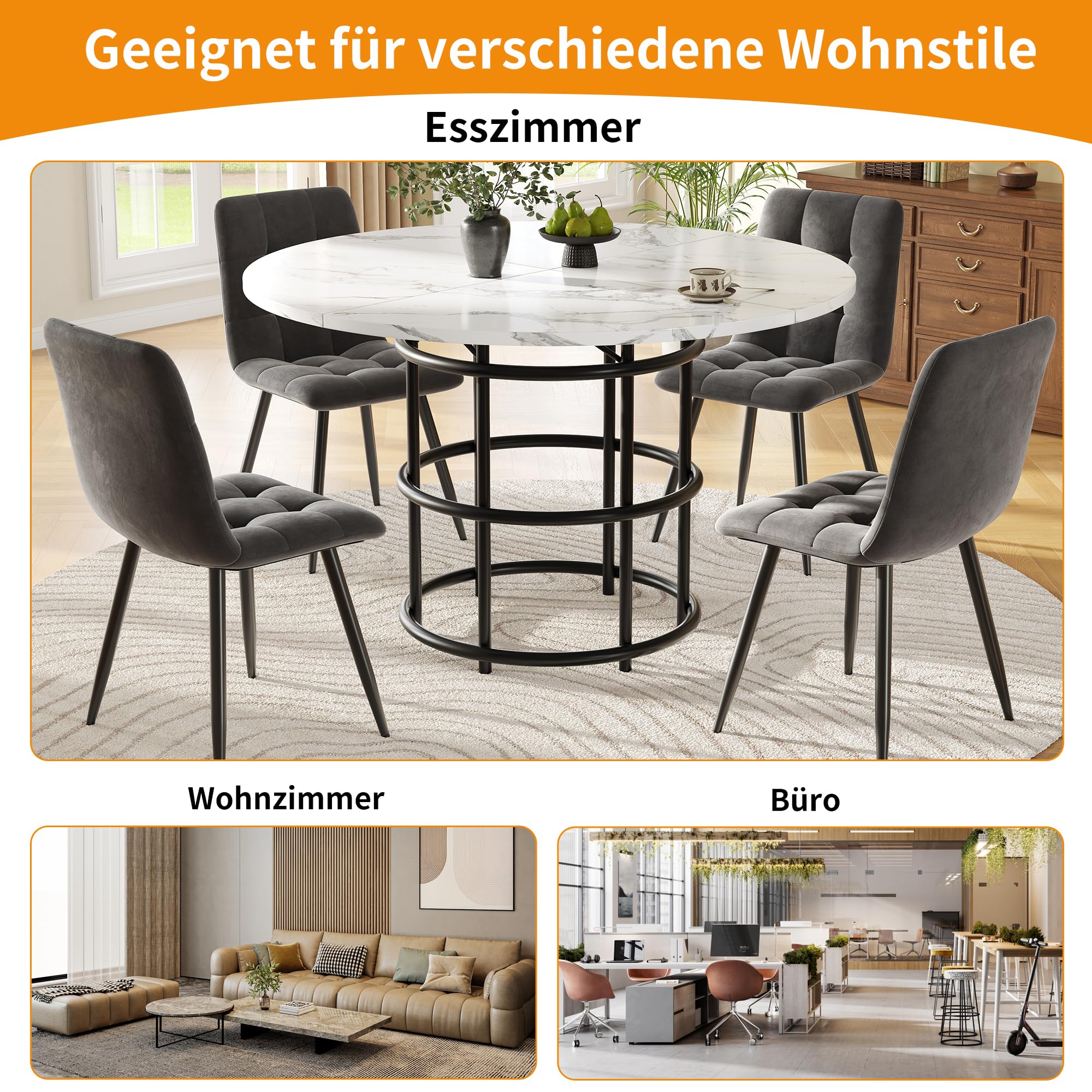 Okrągły stół do jadalni 100 × 100 × 76 cm marmurowy blat regulowane nogi metalowa podstawa siedzenia 4-6 nowoczesny stół kuchenny do jadalni czarne wykończenie stylowe i