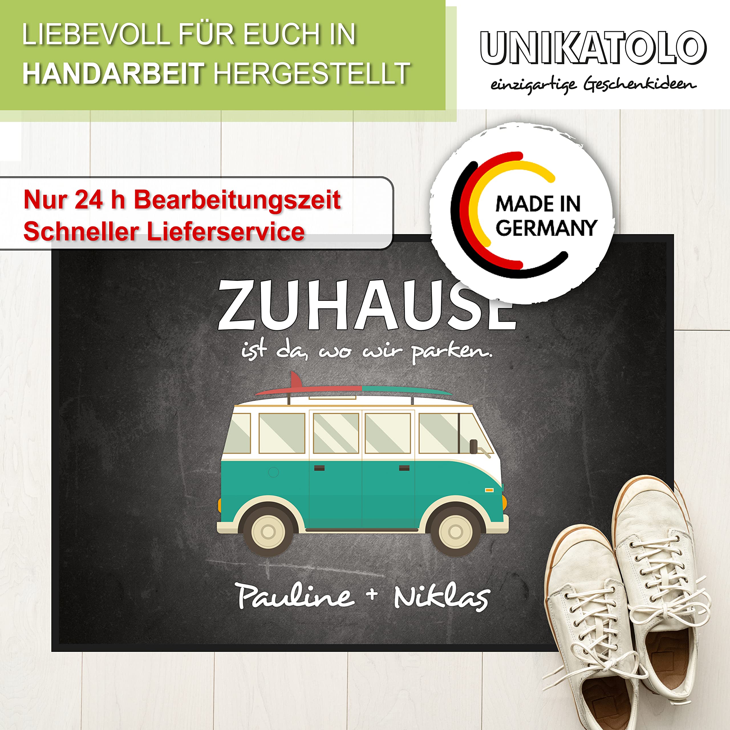 Fußmatte mit Name Camper Van Camping Abenteuer Outdoor individuell Bedruckt Hochzeitsgeschenk Paare Geldgeschenk Reisegutschein (65 x 100 cm)