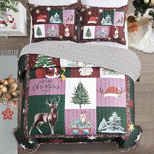 Mocaletto Juego de edredón de cabaña tamaño individual, juego de ropa de cama de Navidad con funda de almohada, juego de edredón reversible de