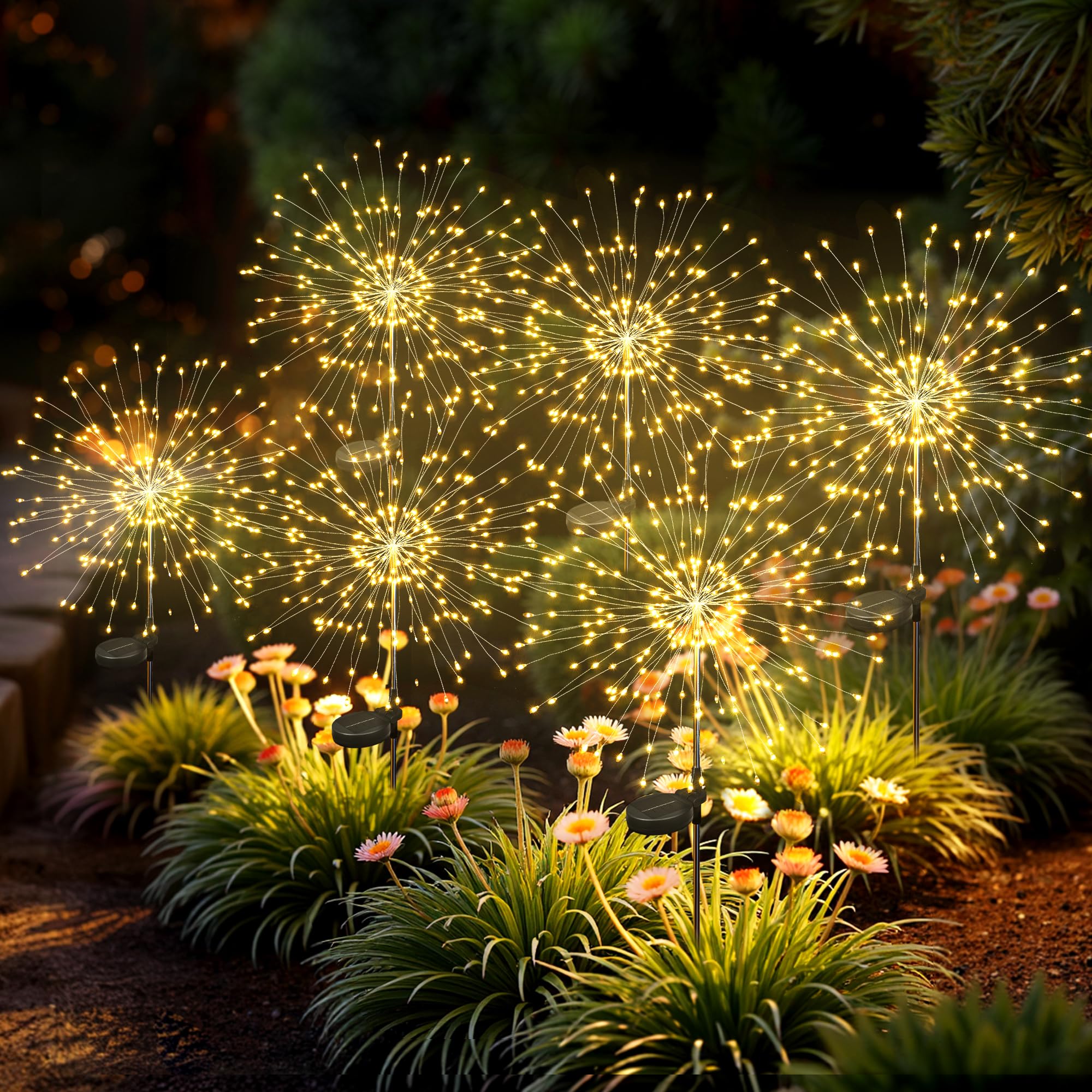 Solarleuchten für den Außenbereich, 120 LEDs, 6 Stück, Lichterkette für den Außenbereich, Feuerwerk, solarbetrieben, für Hof, Terrasse, Weg, Gehweg, Balkon, Warmweiß