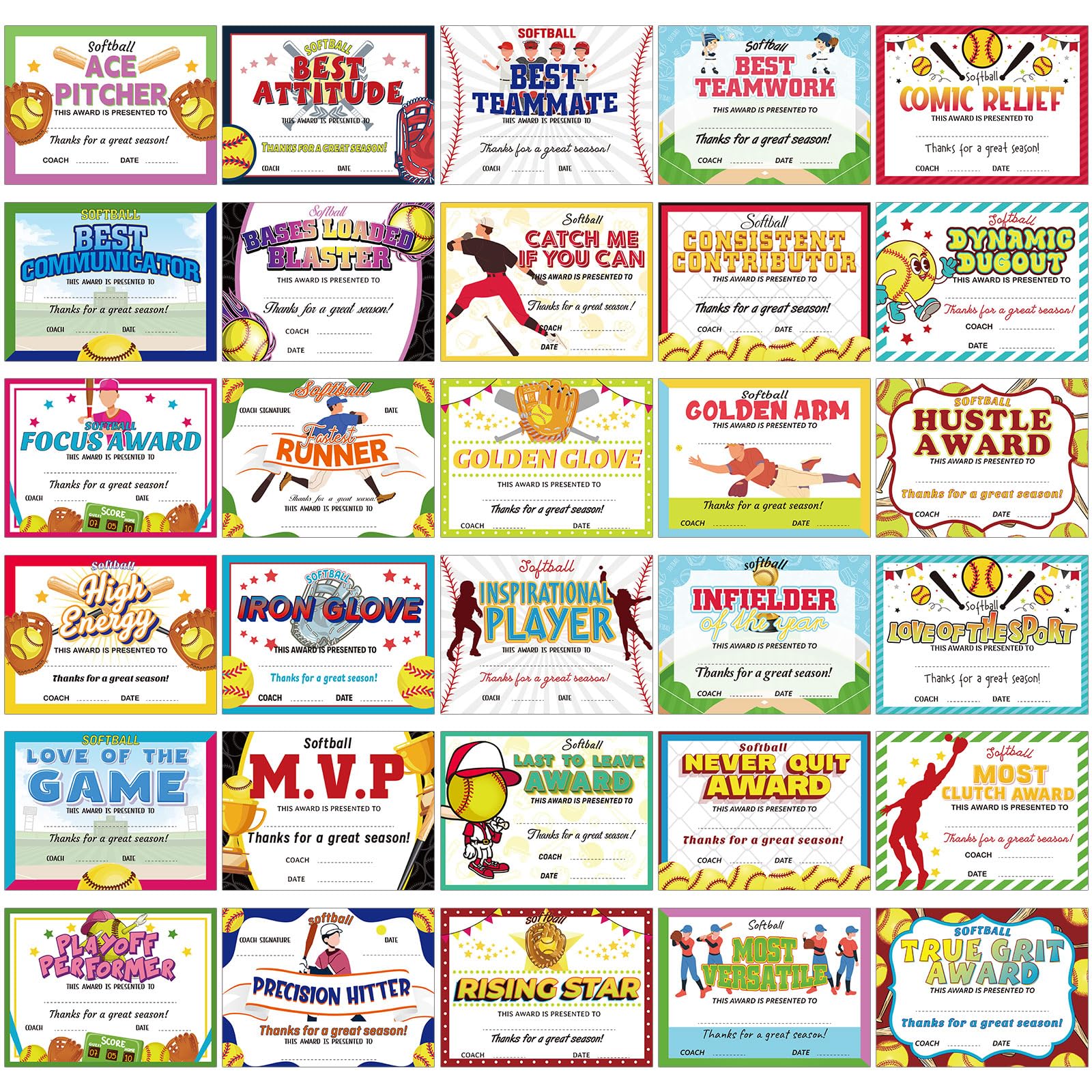 Fuyoooo 60 Pcs Sports Achievement Award Certificates Baseball Football Soccer Softball Basketball Certificates of Achievement for Encouraging Team