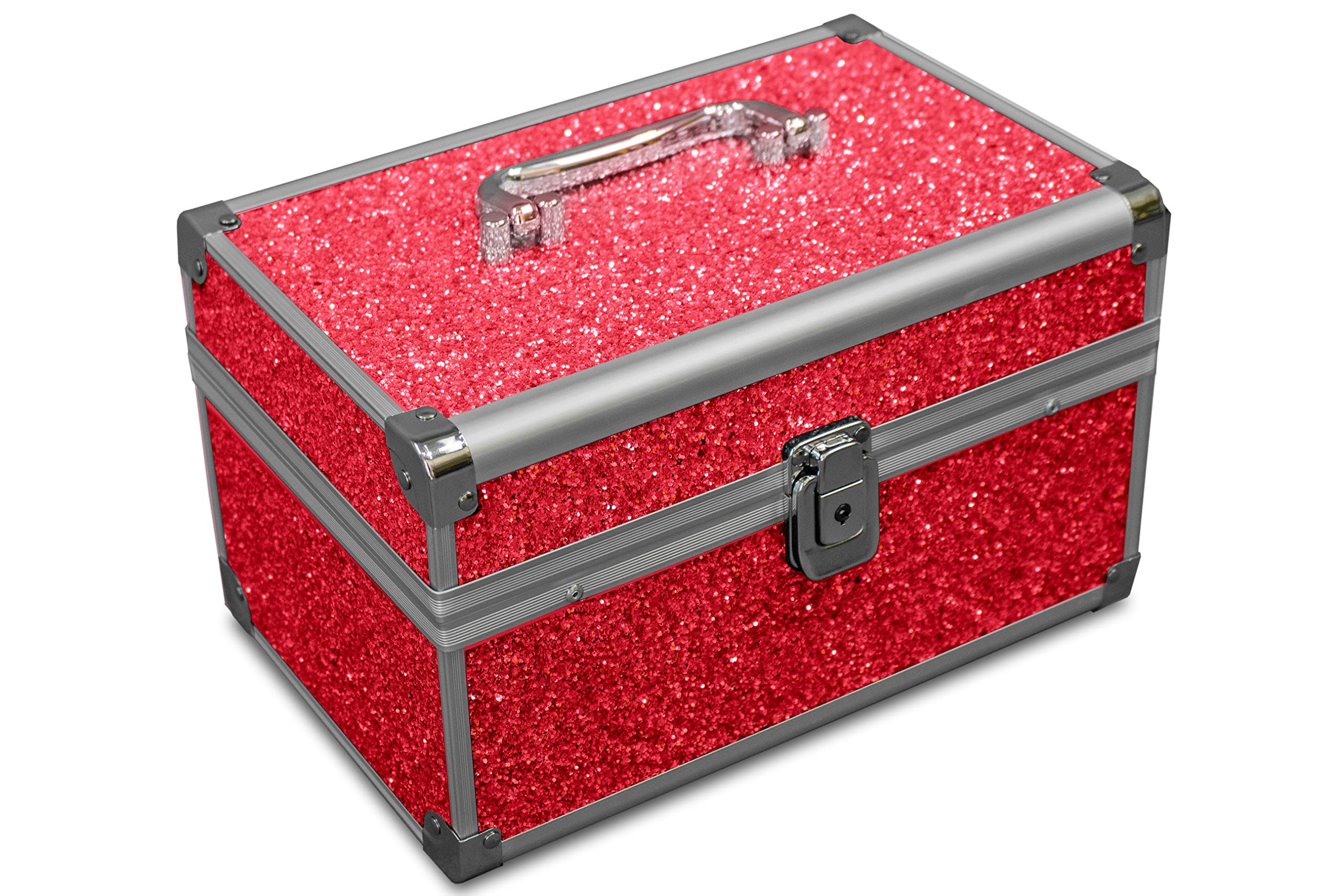 MARELIDA® Schmuck-Kästchen | Glitzer-Optik | Premium Schmink-Beauty-Koffer - klappbaren Fächer | Edel in Form & Design (Rot)