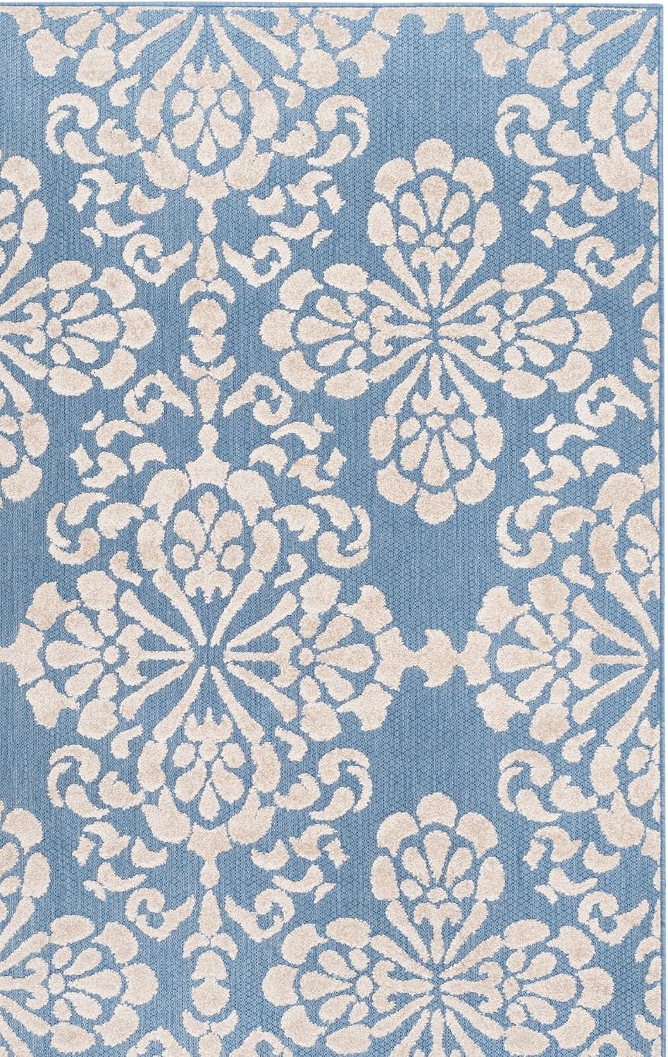 SAFAVIEH Washable Rug Outdoor Cottage Collection - 5'3" x 7'7", Light Blue & Beige, Non-Shedding & Easy to Clean, Ideal for Patio, Backyard, Mudroom (COT908F)