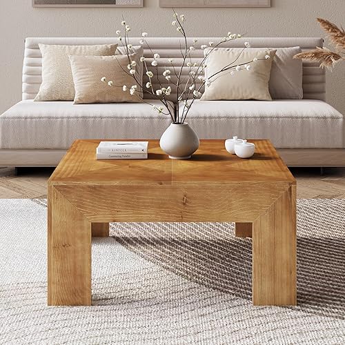Miniatura 13 de LITTLE TREE Mesa de centro de madera maciza de 39.4 pulgadas, mesa de centro cuadrada con parte superior intrincada incrustada y patas resistentes,