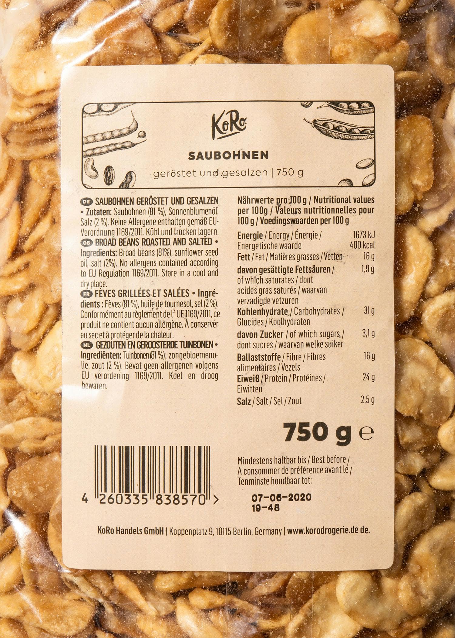 KoRo - Fèves grillées & salées 750 g - Un en-cas croustillant et peu calorique
