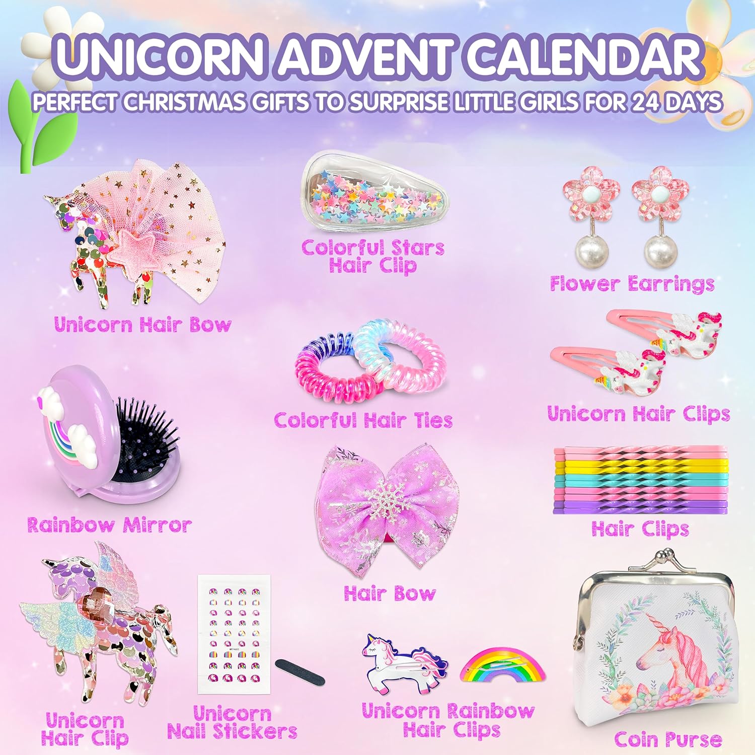 LINAYE Advent Calendar 2025 for Girls - Unicorn Advent Beauty Calendar Christmas Countdown, 24 Days Unicorn Accessories & Treasure Xmas Christmas Surprise Gifts for Girls Kids Daughters Granddaughters