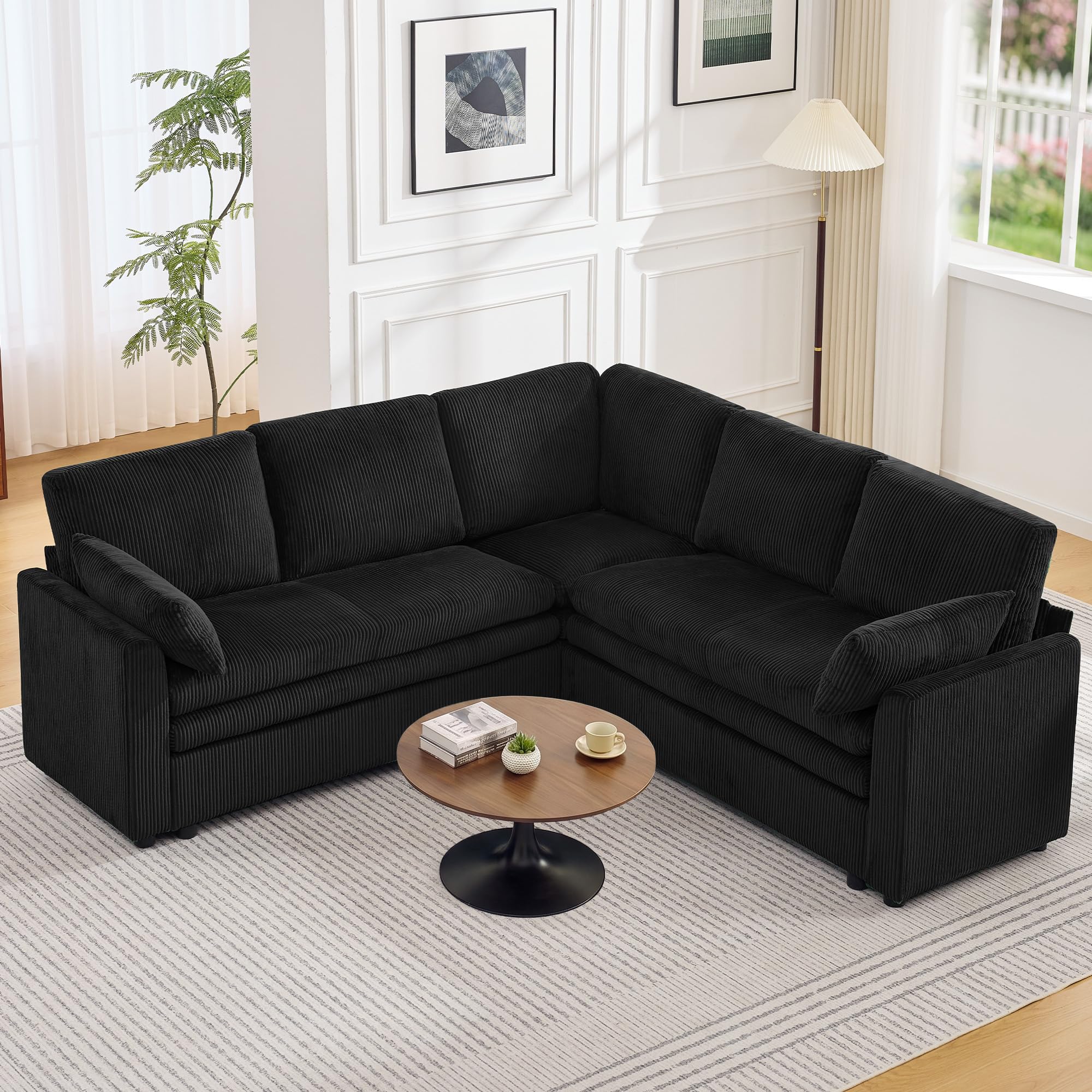 85" Sectional Couches with Comfy Deep Dual-Layer Cushion, 5 Seater L Shaped Couch, Modern Modular Sofa, Corduroy Sofas for Living Room, Apartment, Black