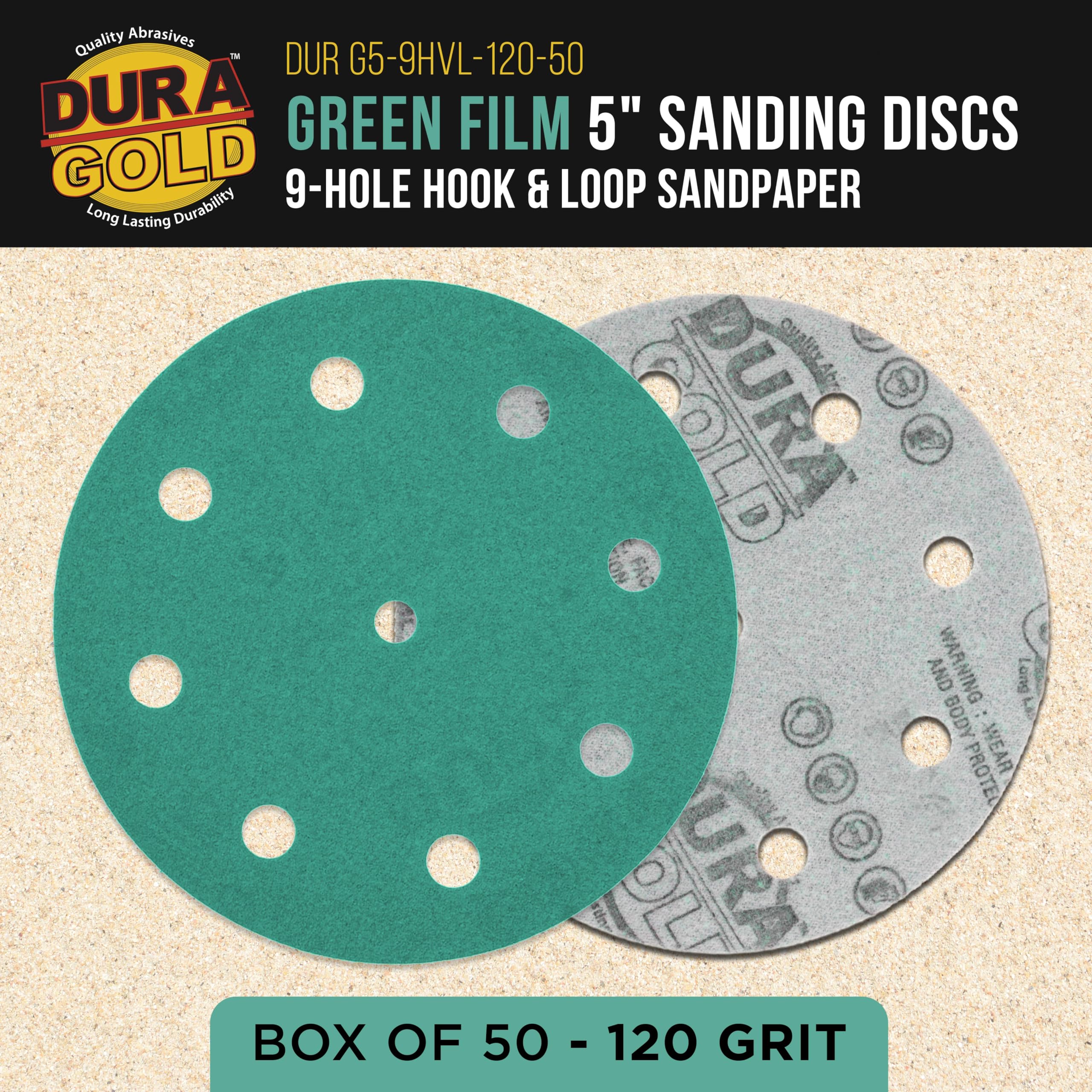 Dura-Gold Discos de lijado de película verde de grano 120 de 5 pulgadas, patrón de 9 agujeros, caja de 50 – Papel de lija resistente sin polvo para lijadoras orbitales DA y aleatorias, pintura de