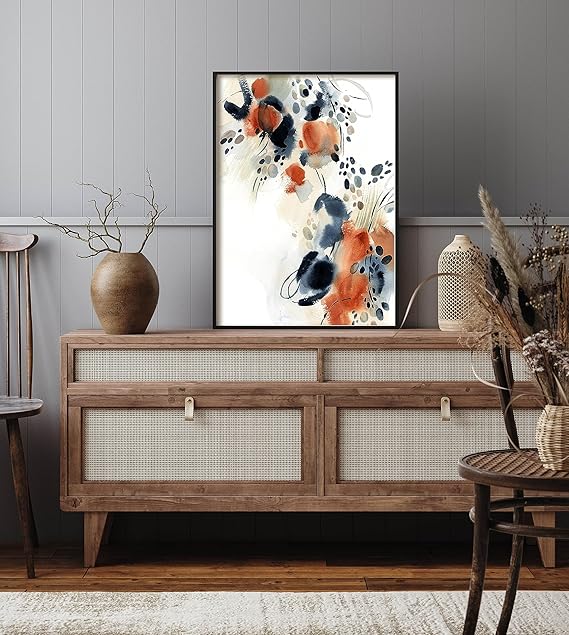 Eclectic Wall Art Decor, Abstract Painting in Burnt Orange and Blue, Abstract Wall
