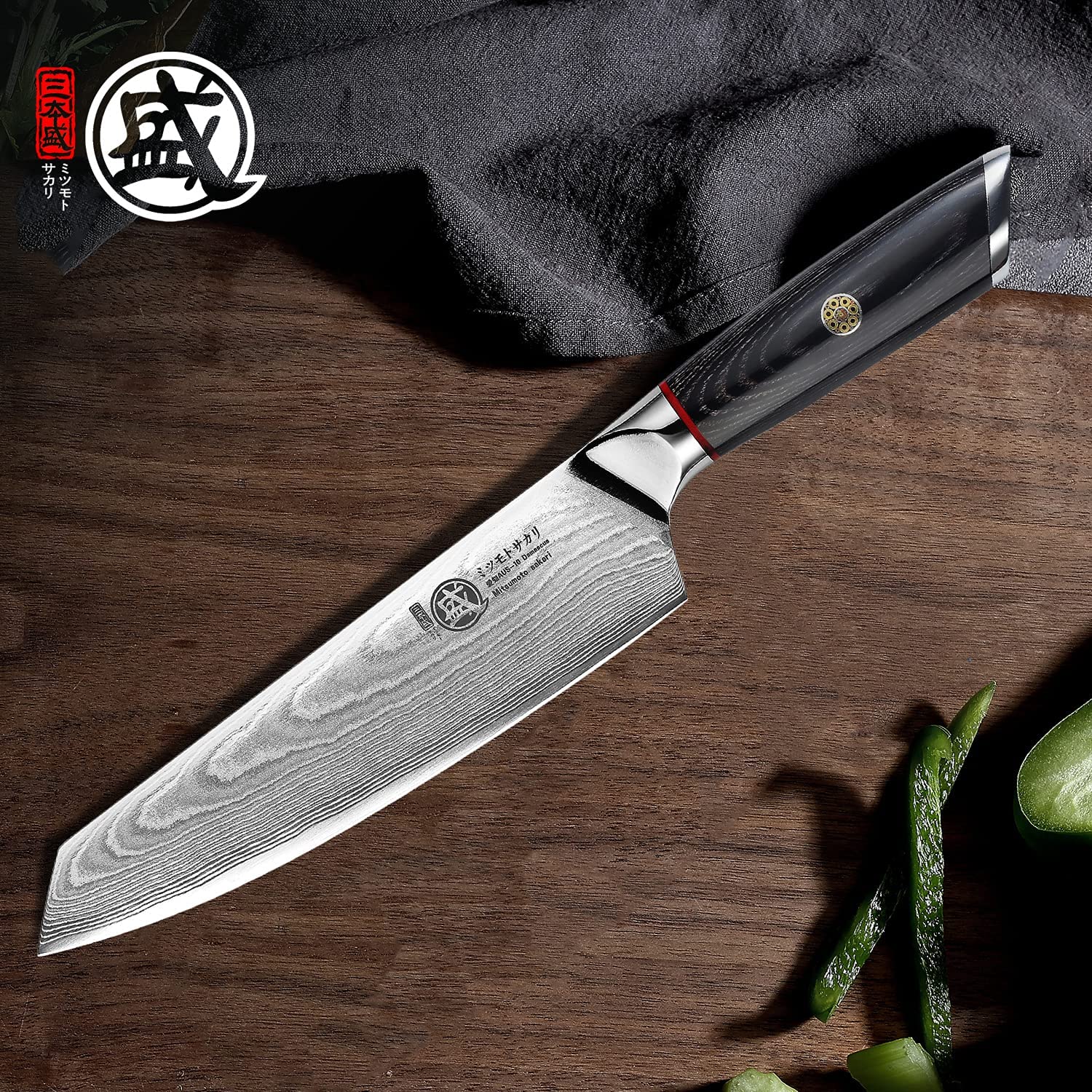 MITSUMOTO SAKARI 18 cm Coltelli da Cucina Giapponese Kiritsuke, AUS-10 Damasco Coltello da Chef, Mano Forgiato Professionale Coltello da Carne Cuoco con Manico& Scatola di legno Boutique