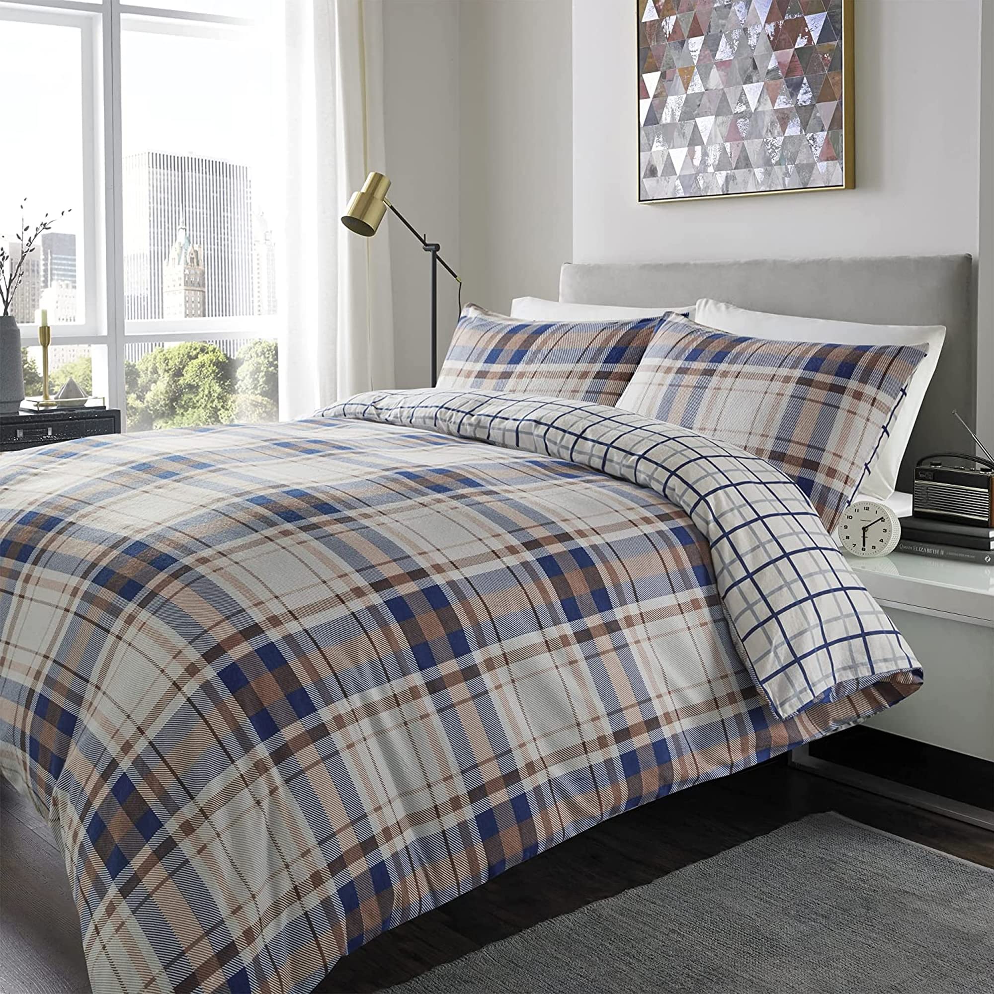 Ed Blue & Plum Check Flannelette Printed Duvet Cover Set | 100% Brushed Cotton Flannel Fleece | Reversible Bedding Quilt With Pillowcases (Blue & Plum Tartan Check, King)
