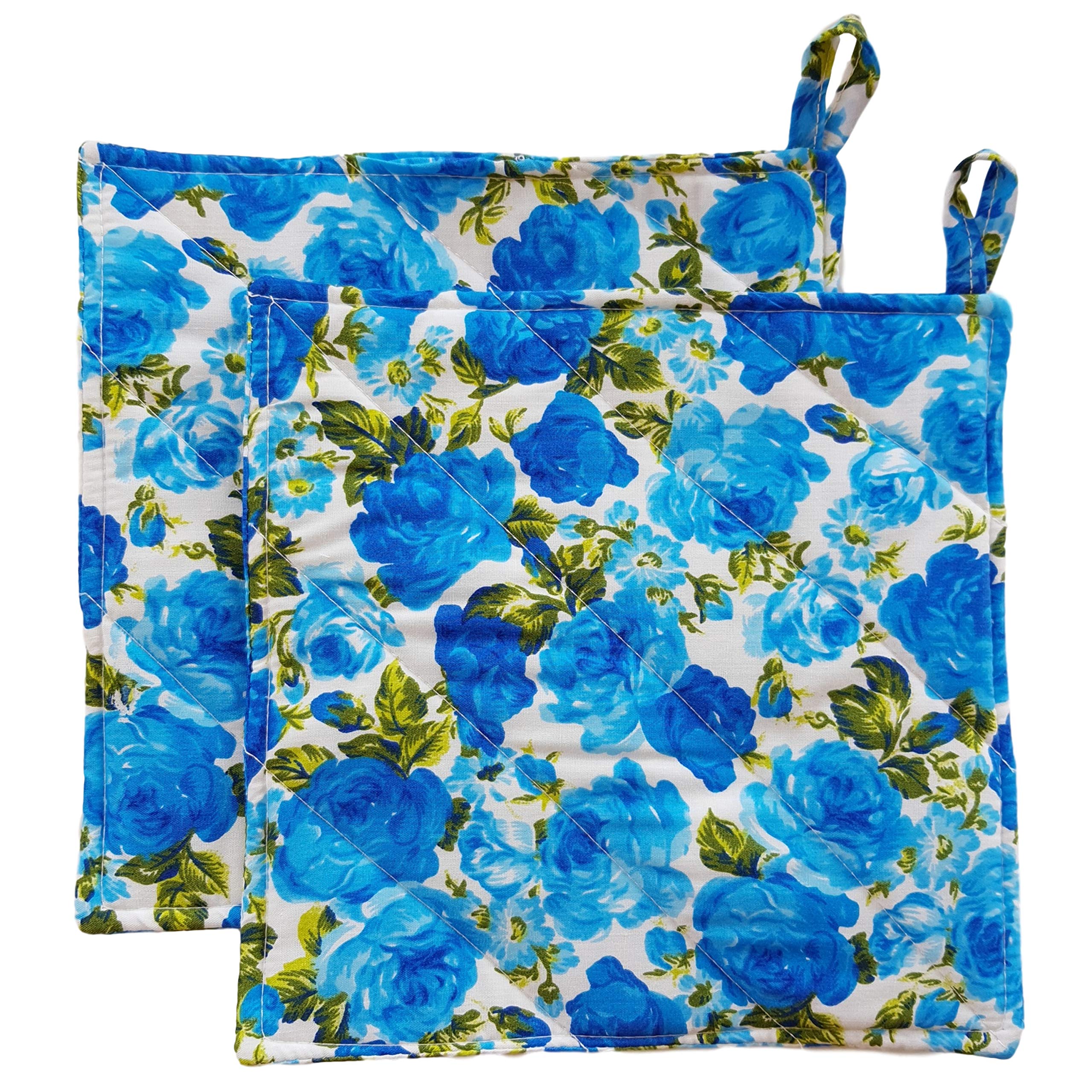 CUSHYSTORE Blue Pot Holder Blossom Floral Flower Garden Oven Pads Potholders for Cooking Kitchen 7.75", 2 Packs (Blue)