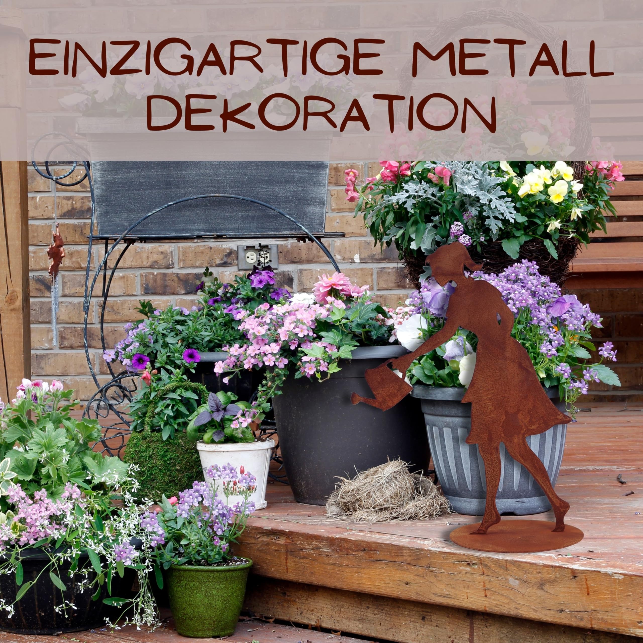 Figurine Métal Patiné 60 Cm Figurine Jardin Fille Arrosoir 60 Cm - Aspect Rouillé - Résistante Intempéries Décoration Jardin Rouillée 60cm