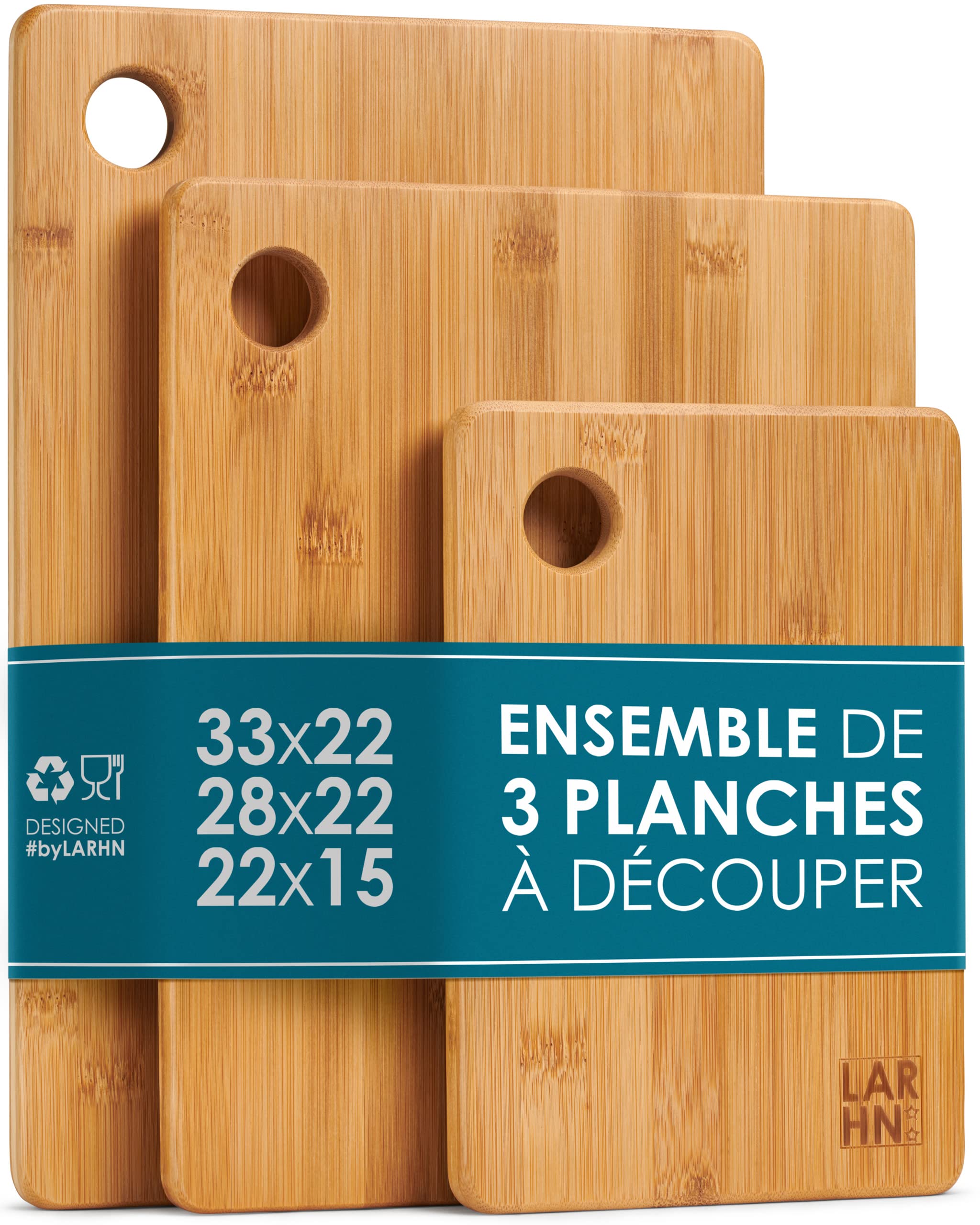 LARHN. Lot de 3 Planches à Découper en Bois de Bambou - Extra Épaisses 1,5 cm - 33x22 / 28x22 / 22x15 cm - Résistantes, Faciles à Nettoyer et Douces pour les Lames