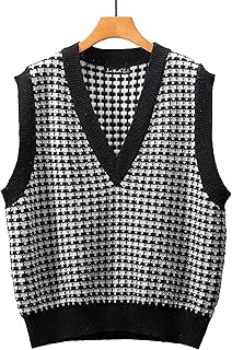 Women's Knit Sweater Vest Oversized Solid Color Argyle Plaid Preppy Style Sleeveless Crop Knit Vest