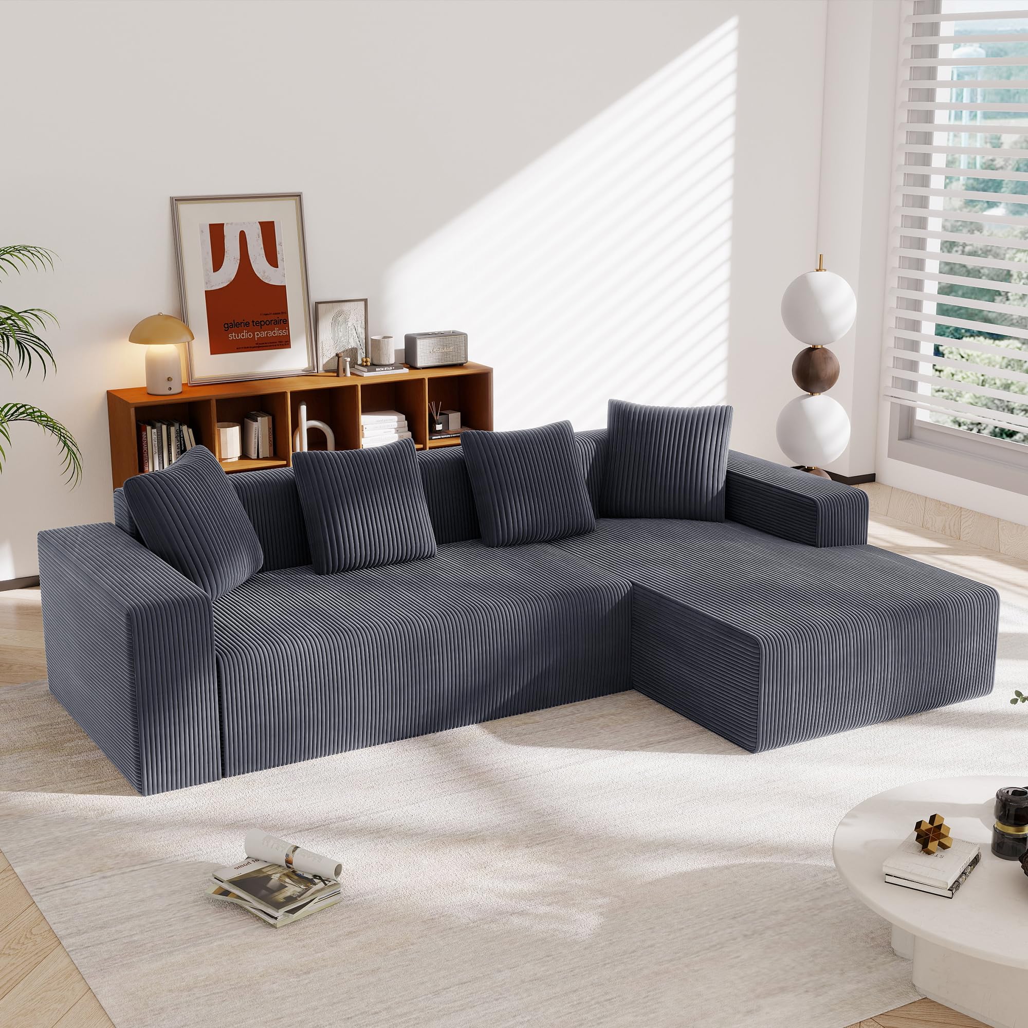 Bladez Sofá esquinero en L de 4 plazas - Sofá modular de pana con chaise longue reversible, 6 cojines, espuma de alta densidad, patas de plástico, duradero y cómodo, para salón, apartamentos (gris + 3
