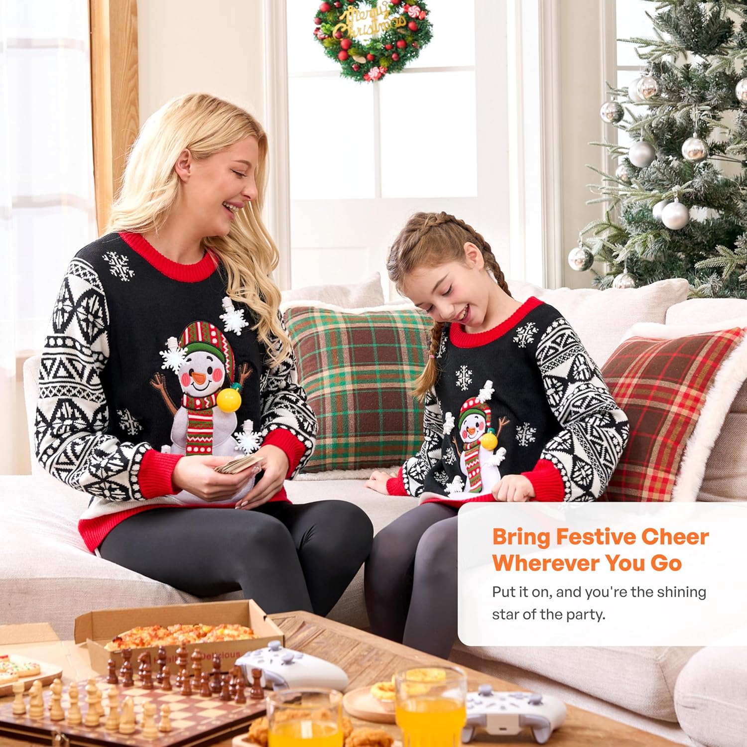 JOYIN Ugly Christmas Sweater Women Men Couples, LED Light Up Ugly Christmas Sweater Kids 2025 Snowman(Black) - Image 5