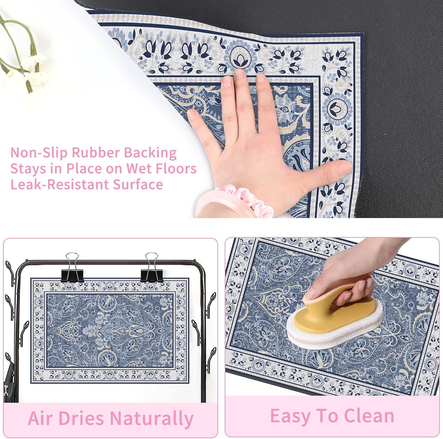 Blue Floral Pet Feeding Mat, Absorbent Dog/Cat Food Mat for Food and Water Bowl, Non-Slip Quick Dry Pet Placemat Floor Protector for Messy Drinkers(16 x 24 in)