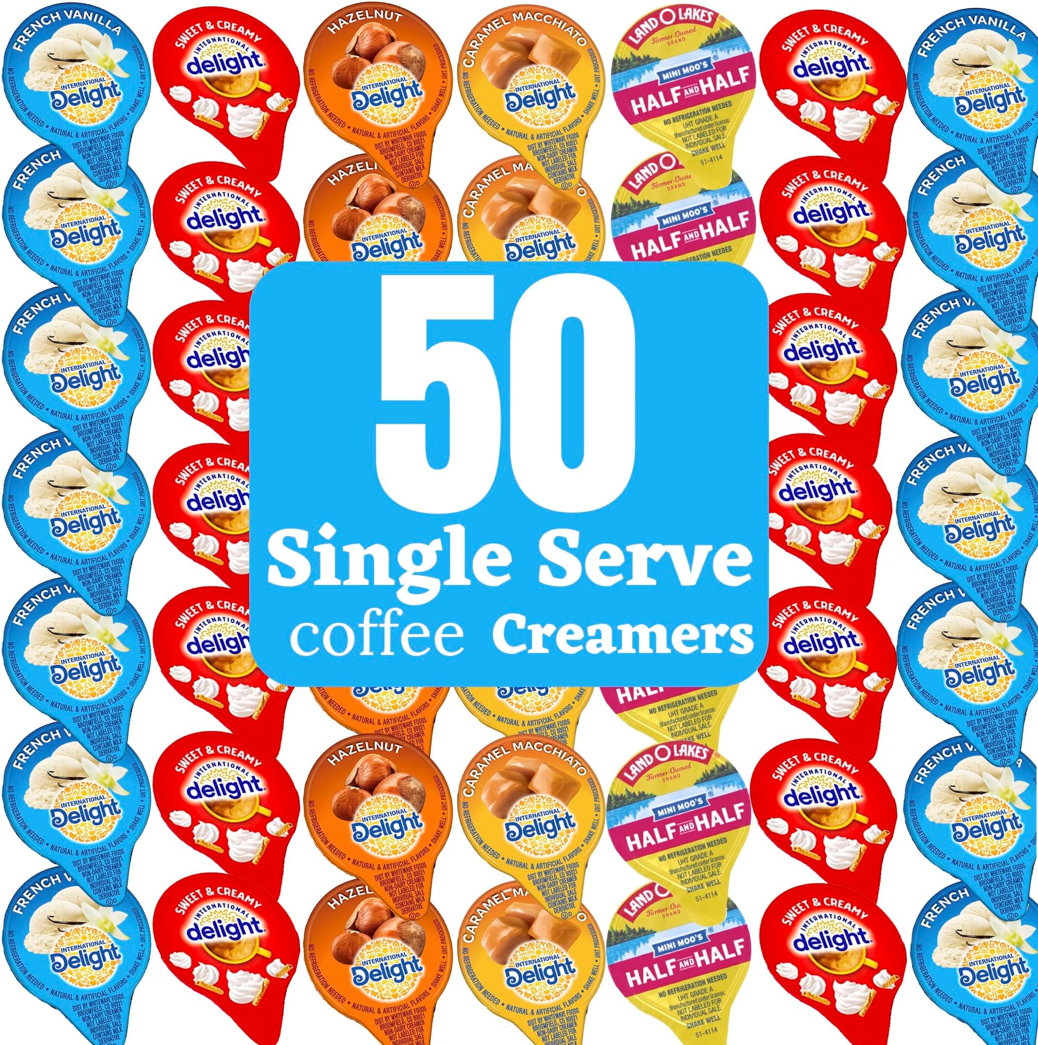 50 Count Single Serve Coffee Creamer Variety Pack, International Set Includes Delight Mini Cold Stone, Caramel, French Vanilla, Hazelnut & Land Mini Moos With BONUS Coffee Stirrers!
