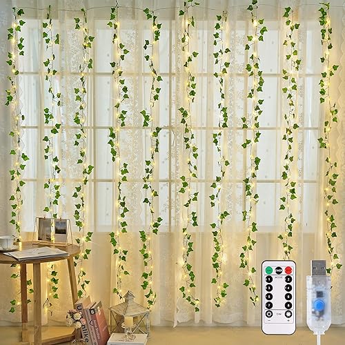 JMEXSUSS Vines Lights for Bedroom, 200 LED Vines Fairy Lights, Artificial Ivy Leaf Light for Wall Curtain Wedding Party Christmas Indoor Decor, 6.5ft x 6.5ft with Remote - 6.5x6.5ft - 200 LED