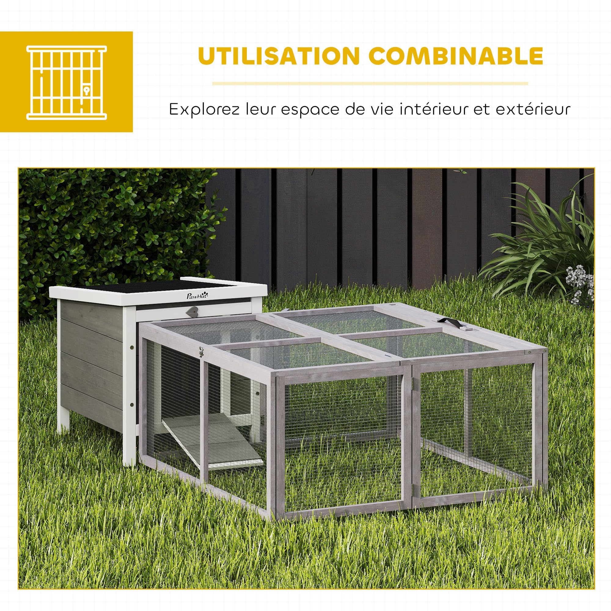 PawHut Clapier Lapin Extérieur Pliable en Bois - Enclos Lapin 1,2 ㎡ (110x105x50cm) avec Grand Espace d'Activité, Toit Ouvrant et Poignée, sans Fond - Cage pour Poule et Cochons d'Inde de Jardin, Gris