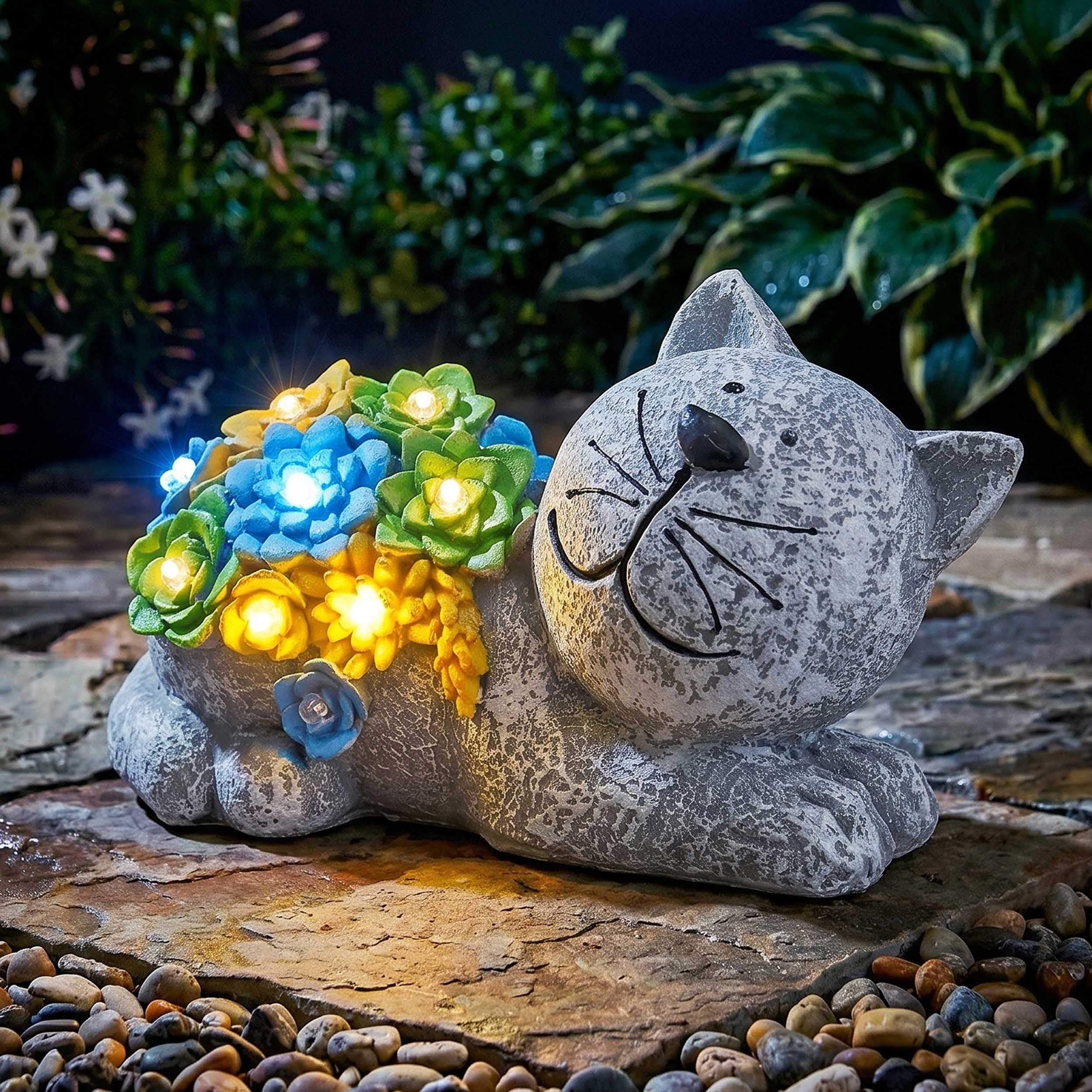 LOVETRENDS Zasilana energią słoneczną ozdoba ogrodowa kota, 3 sztuki, statuetka kota z sukulentami i światłami LED, figurka dekoracyjna na patio, balkon, podwórko, trawnik, wyjątkowy prezent na