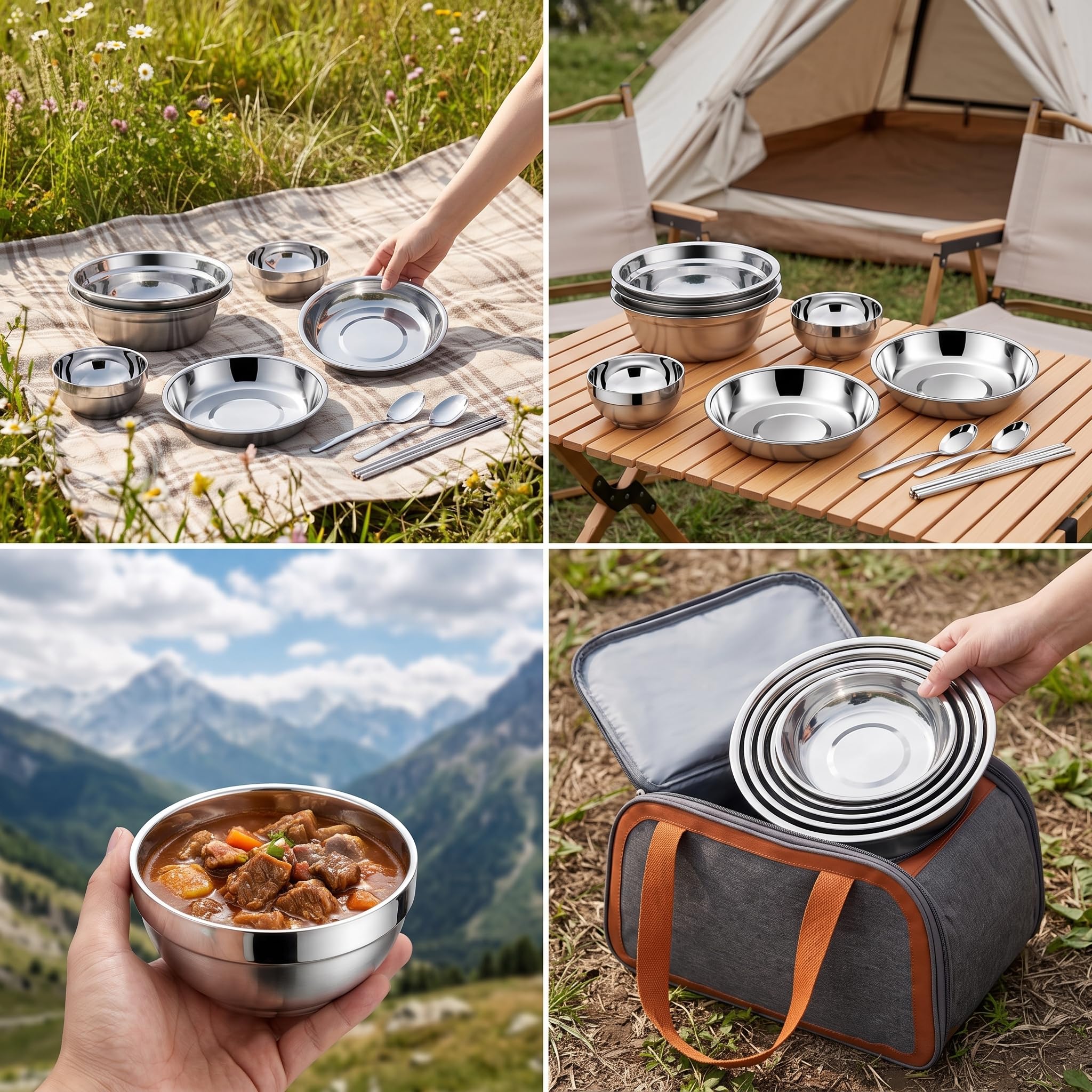 Camping Geschirr Set aus Edelstahl, stapelbar, für 2 oder 4 Personen, mit Besteck und Tasche