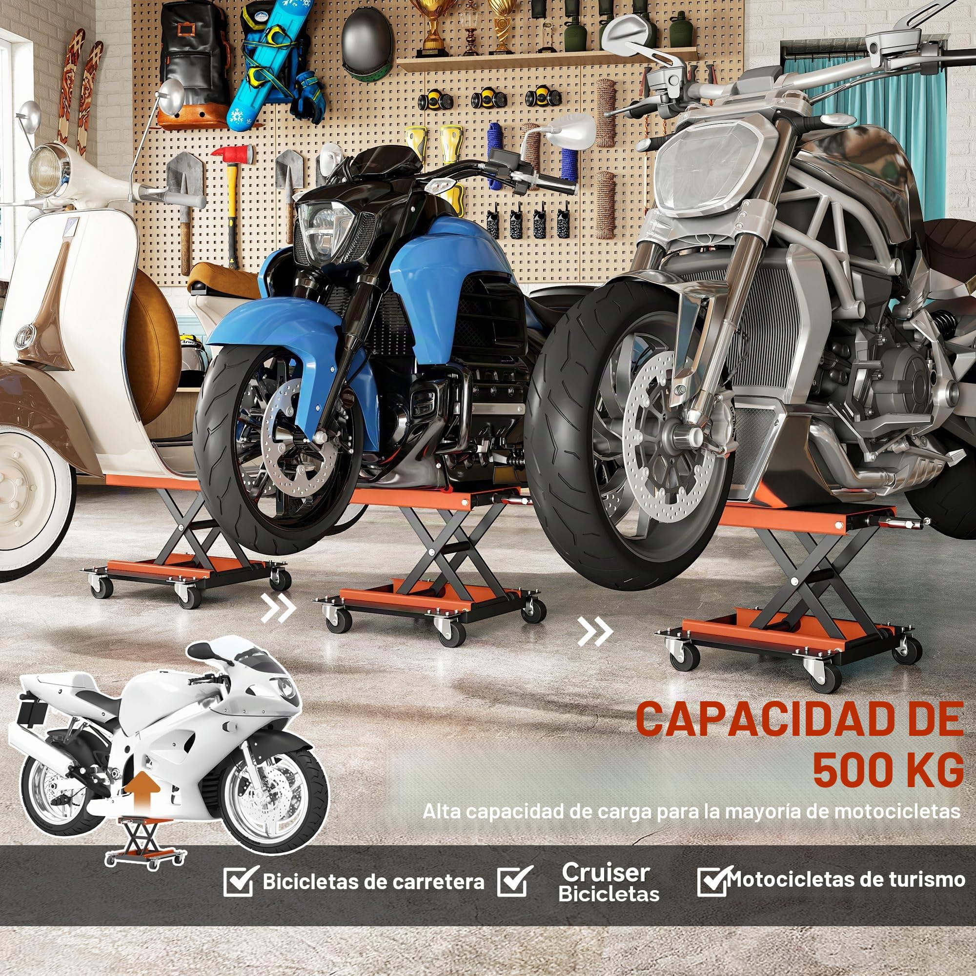 HOMCOM elevador de motos 500 kg elevador de motos 135-390 mm regulable en altura elevador de tijera para reparación de motos en garaje y exteriores