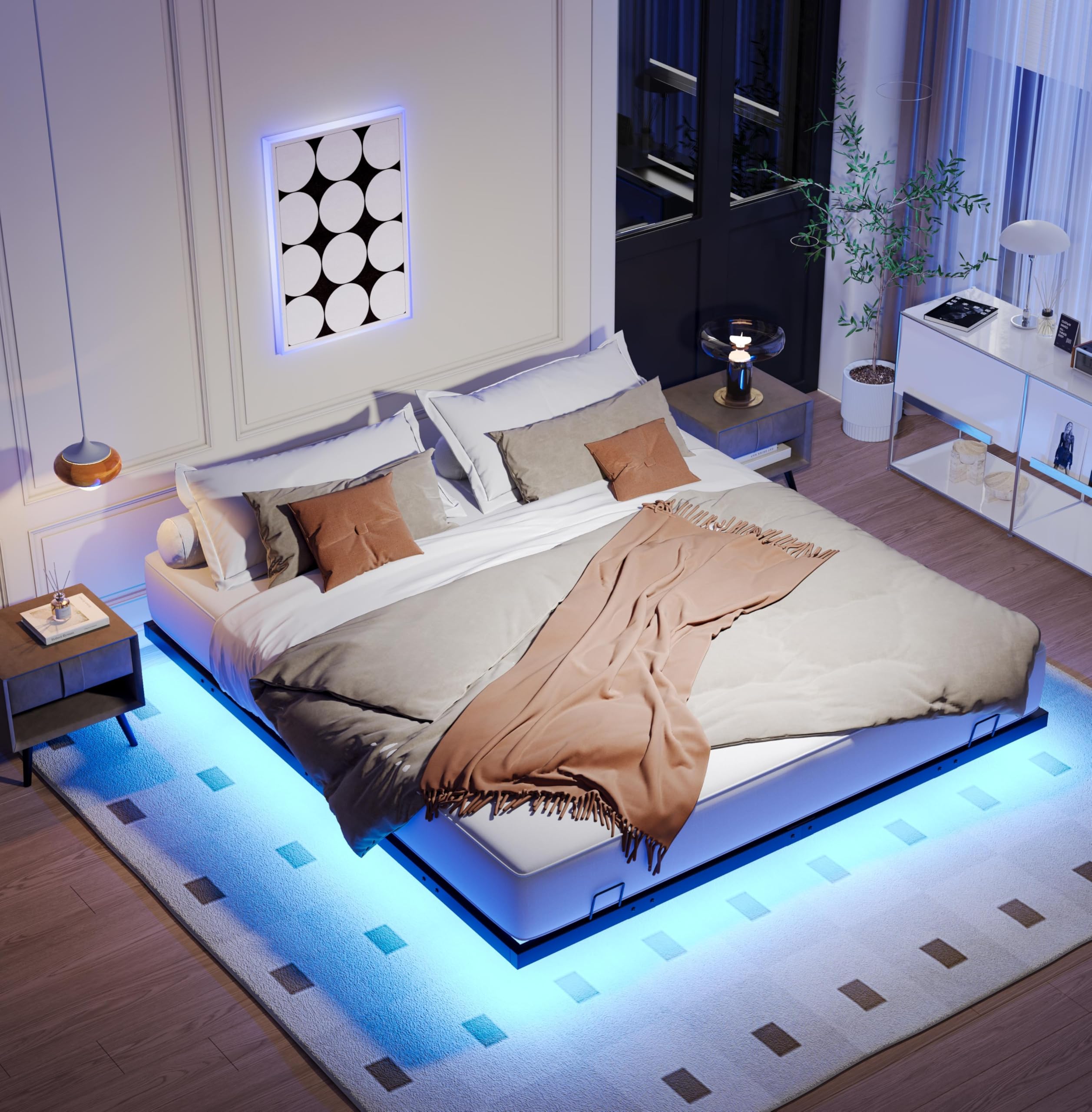 King Size Floating Bed Frames with LED Lights Sturdy Metal Platform Solid and Stable Noise Free No Box
