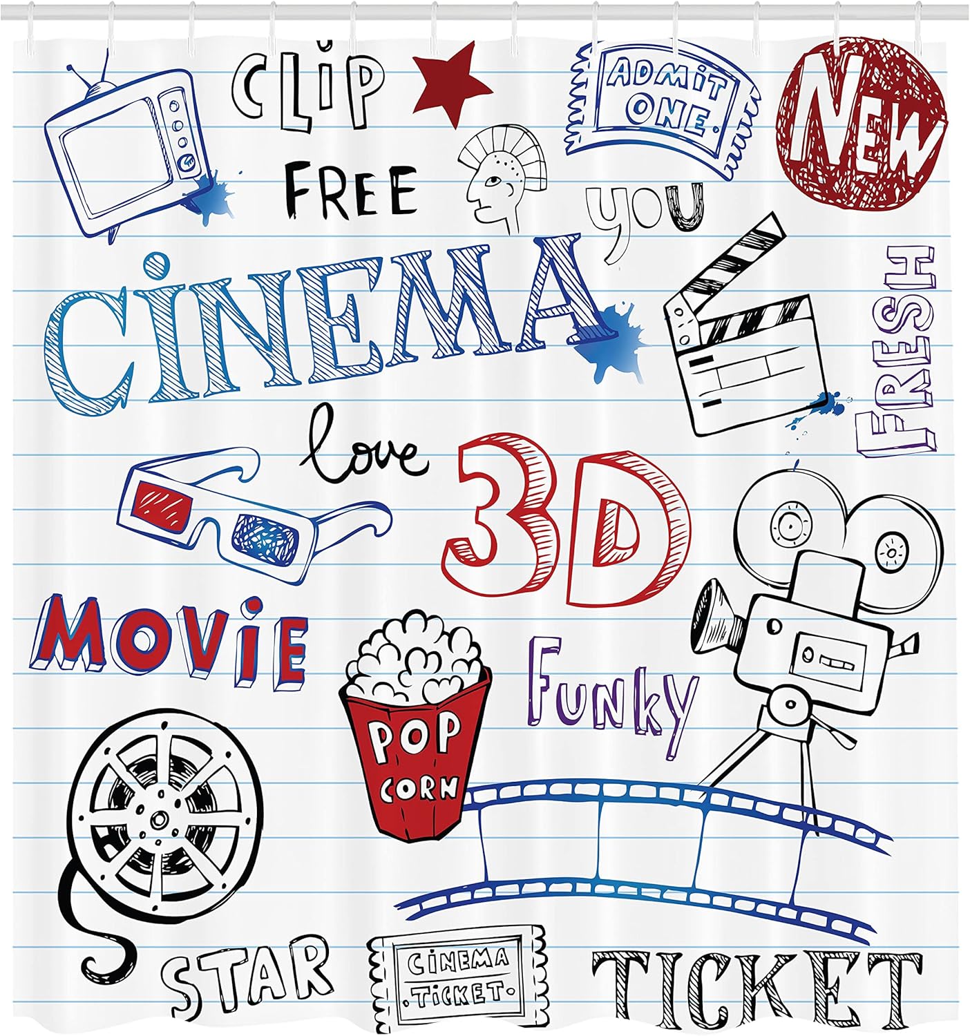 Ambesonne Movie Theater Shower Curtain, Various Hand Drawn on a Notebook Page Style Backdrop Hollywood Fun, Cloth Fabric Bathroom Decor Set with Hooks, 69" W x 70" L, Ruby Blue White