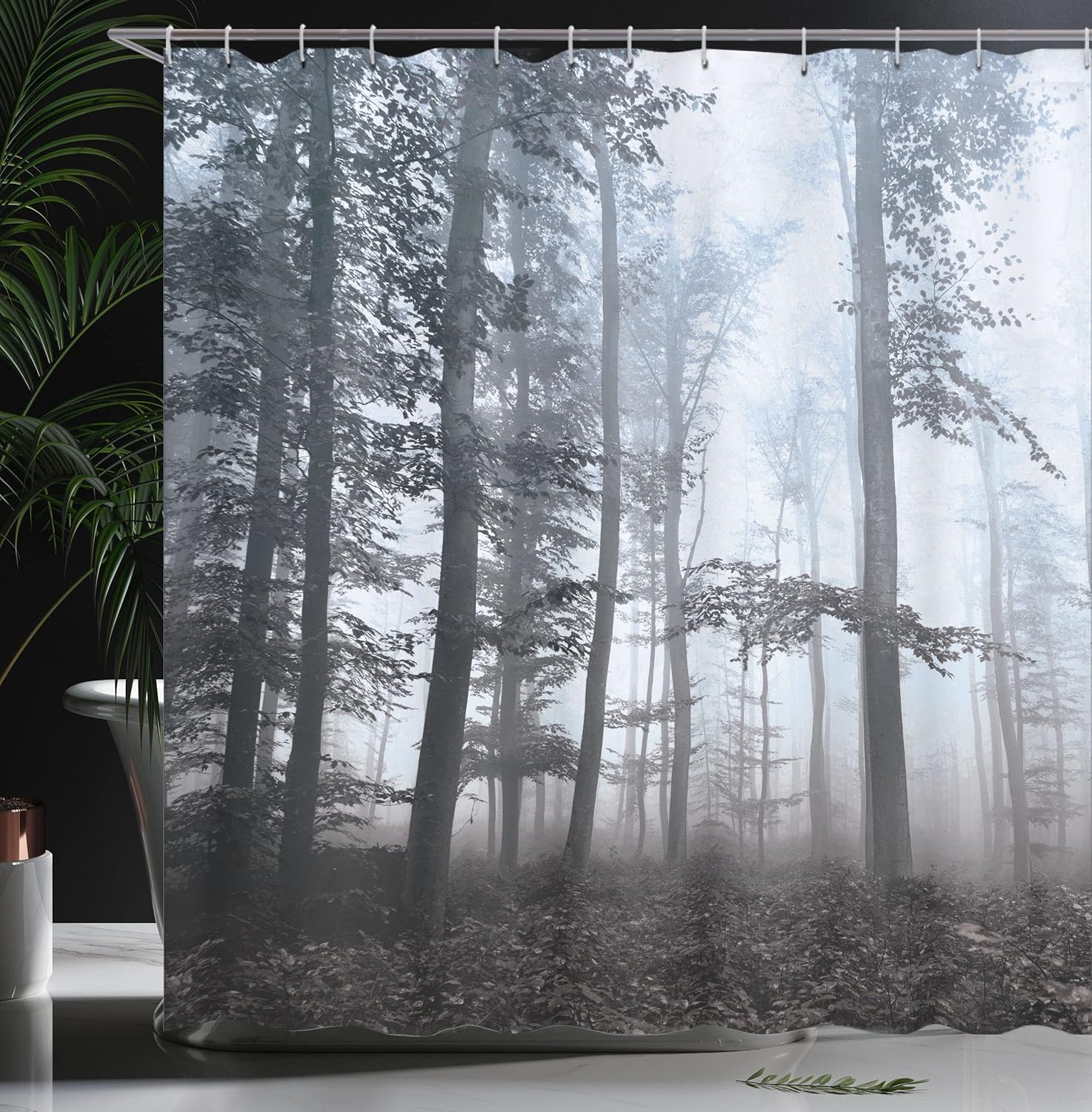 Ambesonne Forest Shower Curtain, Autumn Season Mystic Foggy Fall Nature and Enchanted Woods Wild Trees Print, Cloth Fabric Bathroom Decor Set with Hooks, 69" W x 84" L, Pale Blue Grey