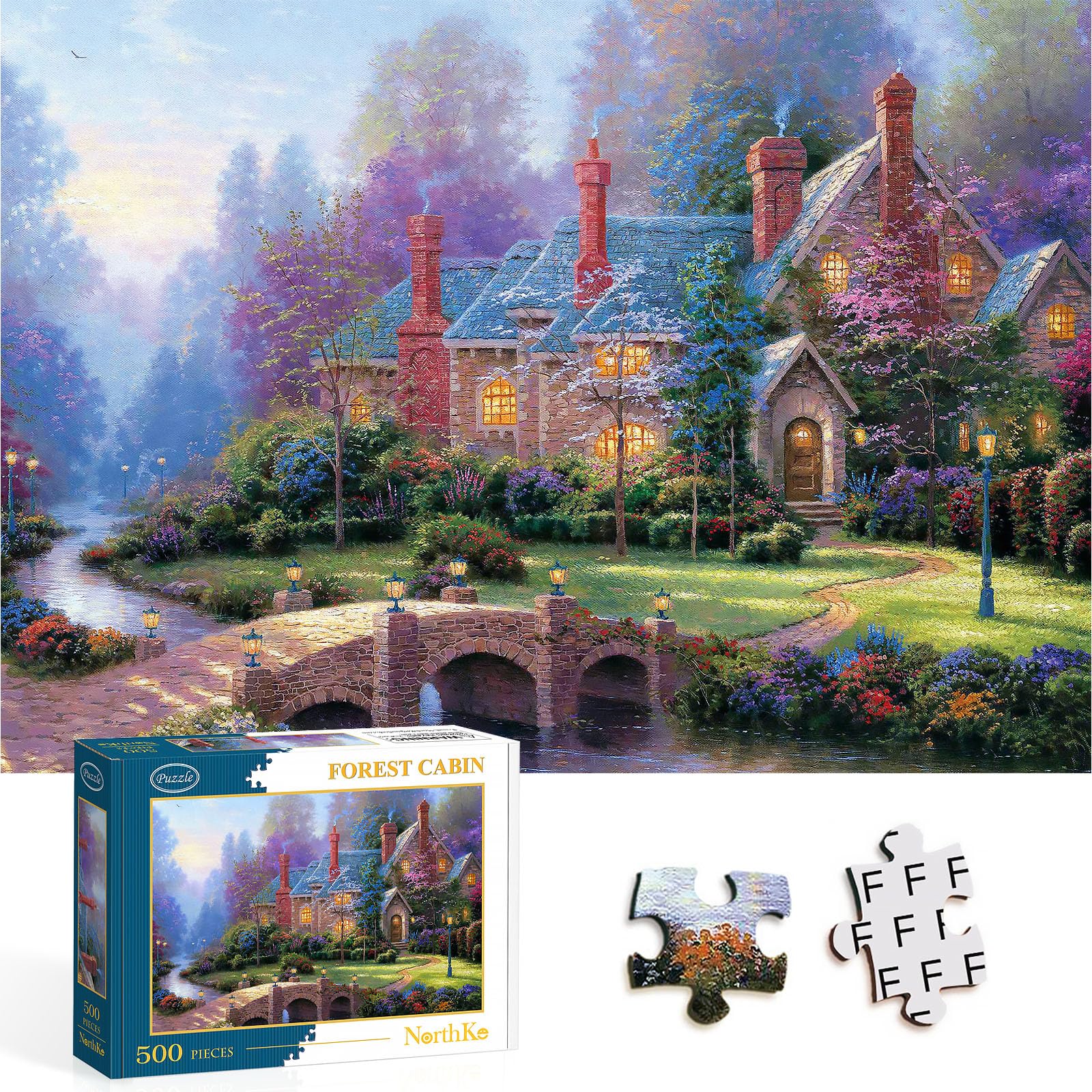 NorthKe 500 Piece Puzzle for Adults - Forest Cabin Bridge River Cottage Landscape Jigsaw Puzzles 500 Pieces Letters on Back Difficult Challenging Brain Exercise for Game Nights - Size 20" x 14.2"