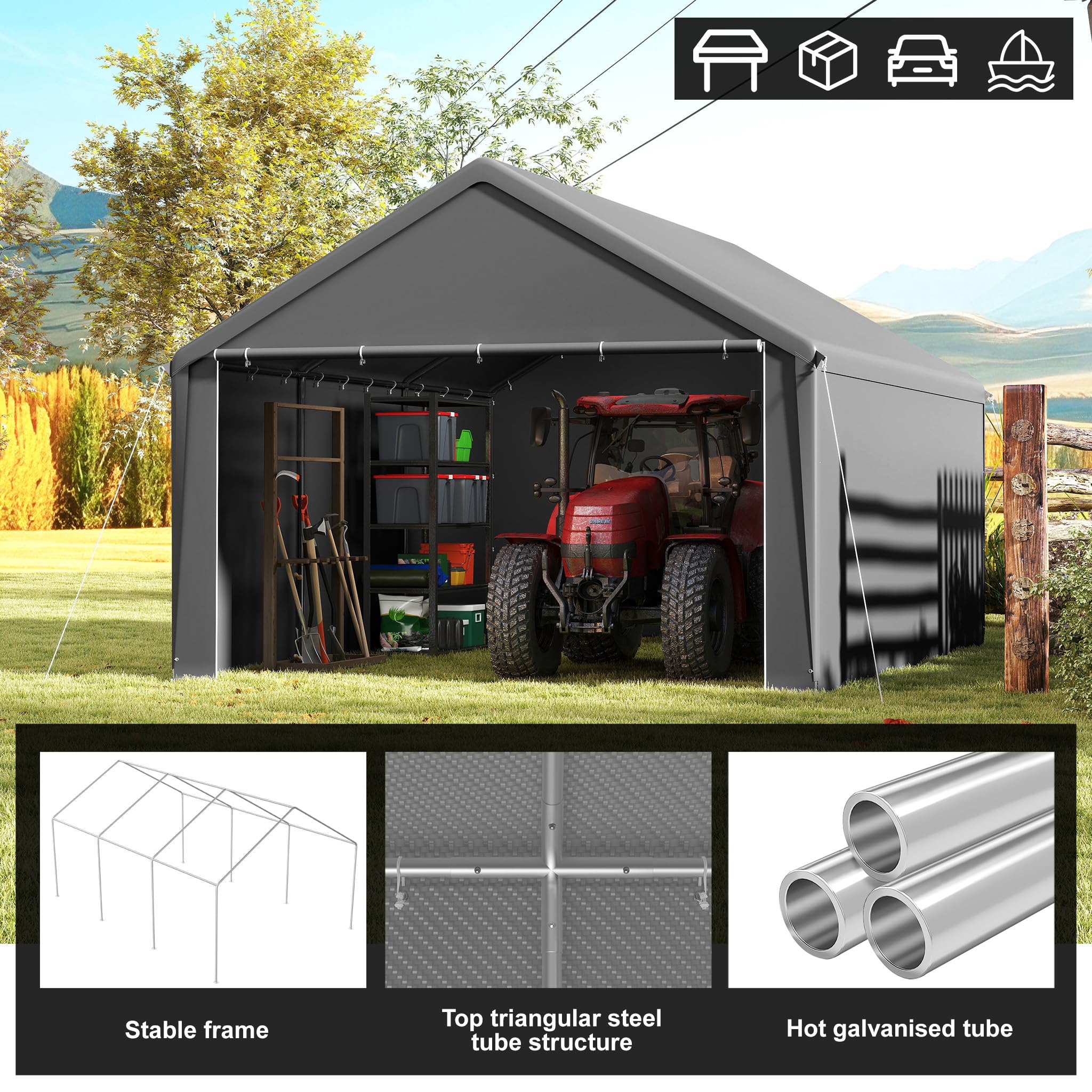 LZQ Lagerzelt 4x6 m – Gerätezelt, Gerätehaus & Zeltgarage mit robuster PE-Plane – wetterfester Unterstand mit Dachverstärkung & Bodenrahmen für Werkzeuge, Geräte, Garten & Baustelle (Grau)